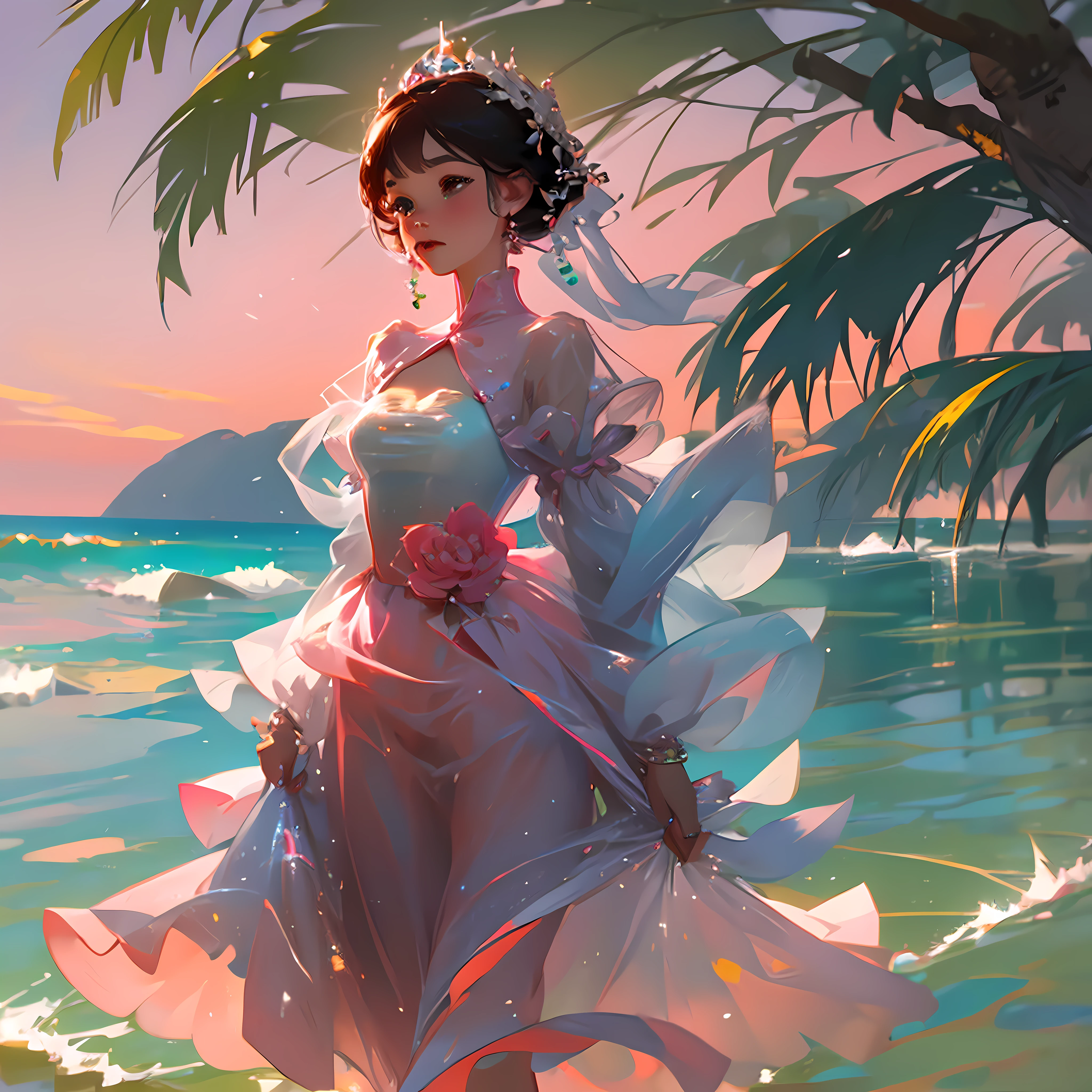 sea beach，coconut palms，bit girl，Pale pink skirt，Long hair，Barefoot，Hold hands with mom and dad，Wear a garland on your head --auto