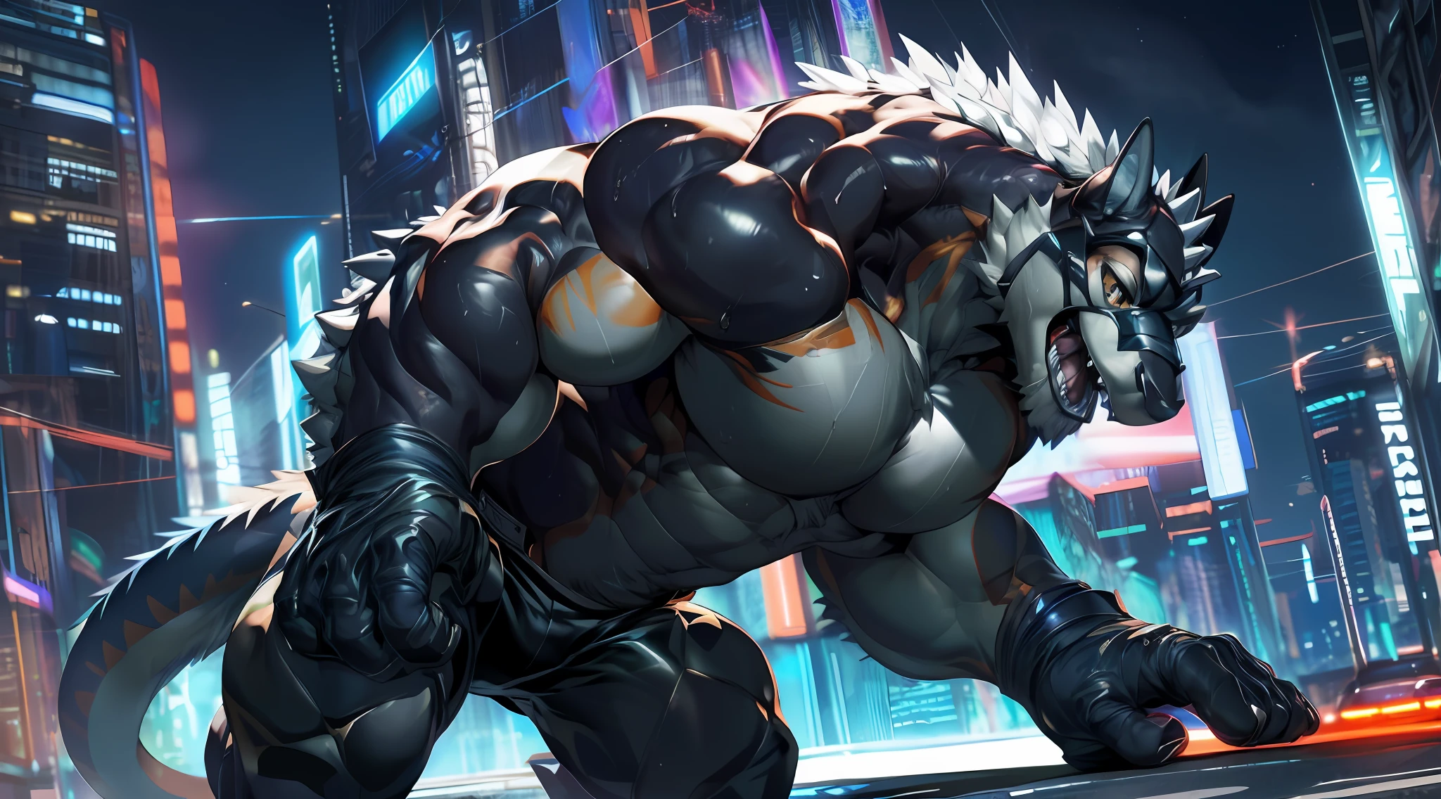 2d, masterpiece, best quality, 4k, 8k, ultra highres, raw photo in hdr, sharp focus, photo realism ,real life like, in a night city, detailed background, solo, topless, (gloves, mask, skin tight), big pink, sweat, (by null-ghost, by thebigslick, by darkgem, by honovy), black dragon anthro, male focus, perfect golden eyes, full body