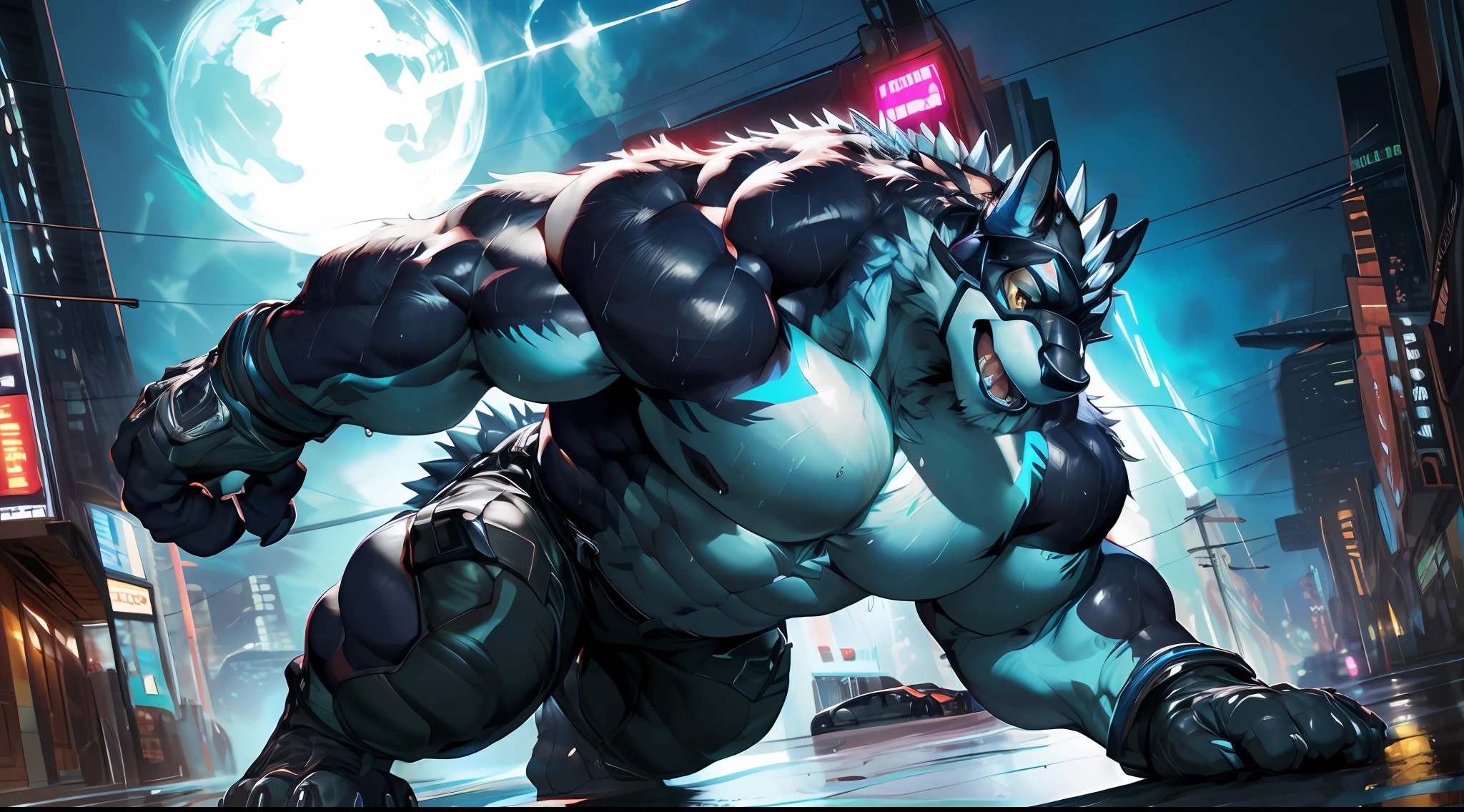 2d, masterpiece, best quality, 4k, 8k, ultra highres, raw photo in hdr, sharp focus, photo realism ,real life like, in a night city, detailed background, solo, topless, (gloves, mask, skin tight), big pink, sweat, (by null-ghost, by thebigslick, by darkgem, by honovy), black dragon anthro, male focus, perfect golden eyes, full body