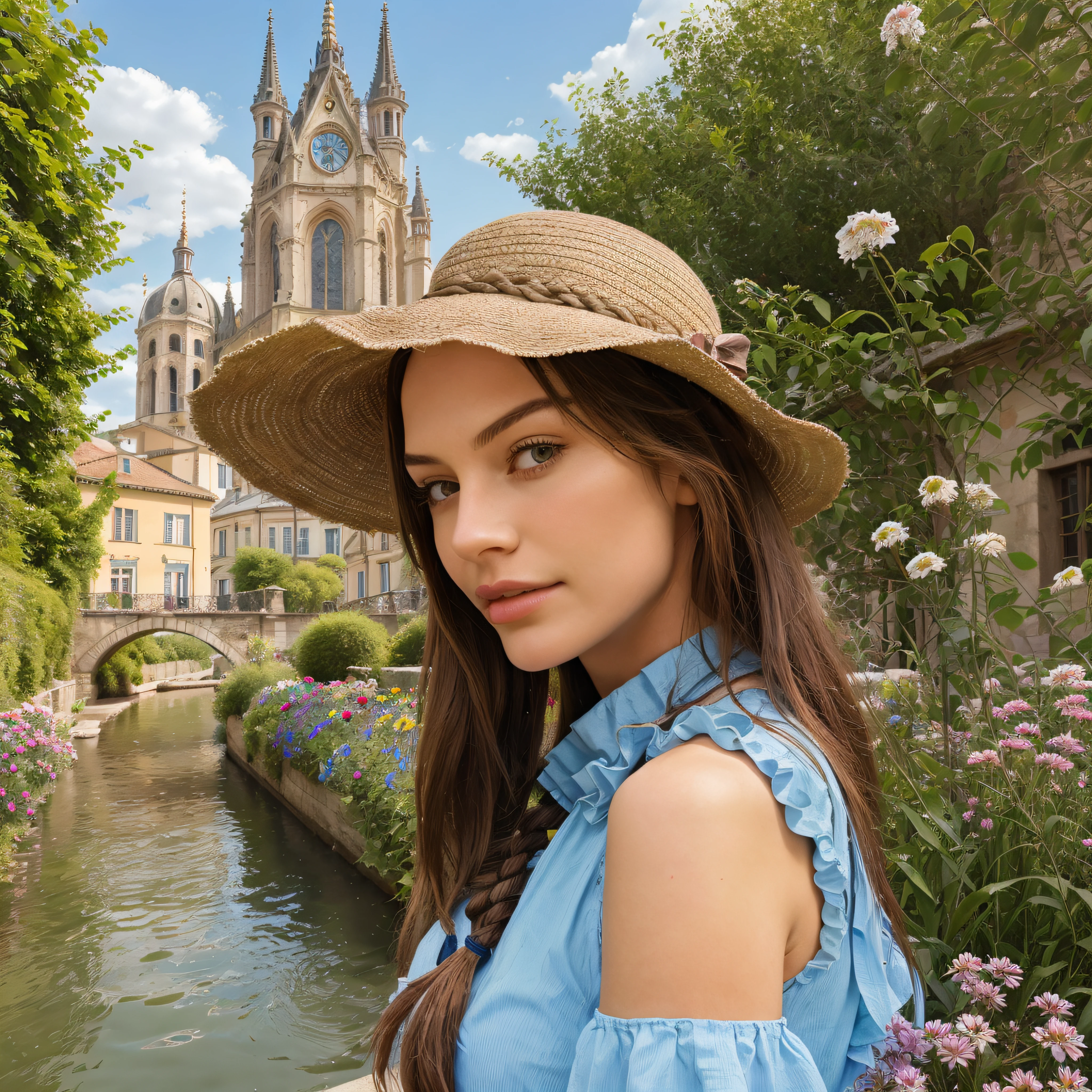 upper body, (best quality), (masterpiece), (solo), 1girl, brown hair, brown eyes, braided hair, blue dress, hat, 19th century european city, garden, flowers, river, looking at viewer,