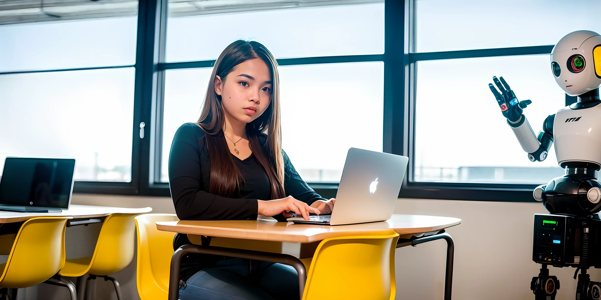 A student in a futuristic classroom in front of a computer interacting with a robot