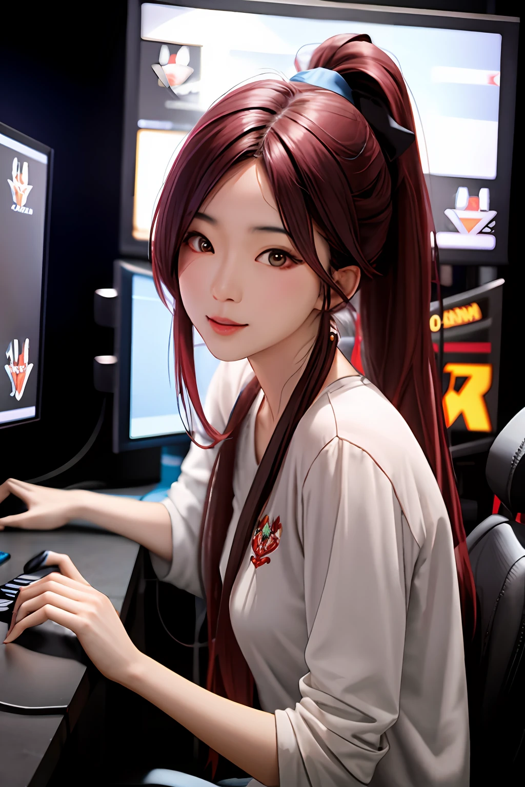 An Asian girl,She has a double ponytail hairstyle,Has burgundy hair,She's in her esports room