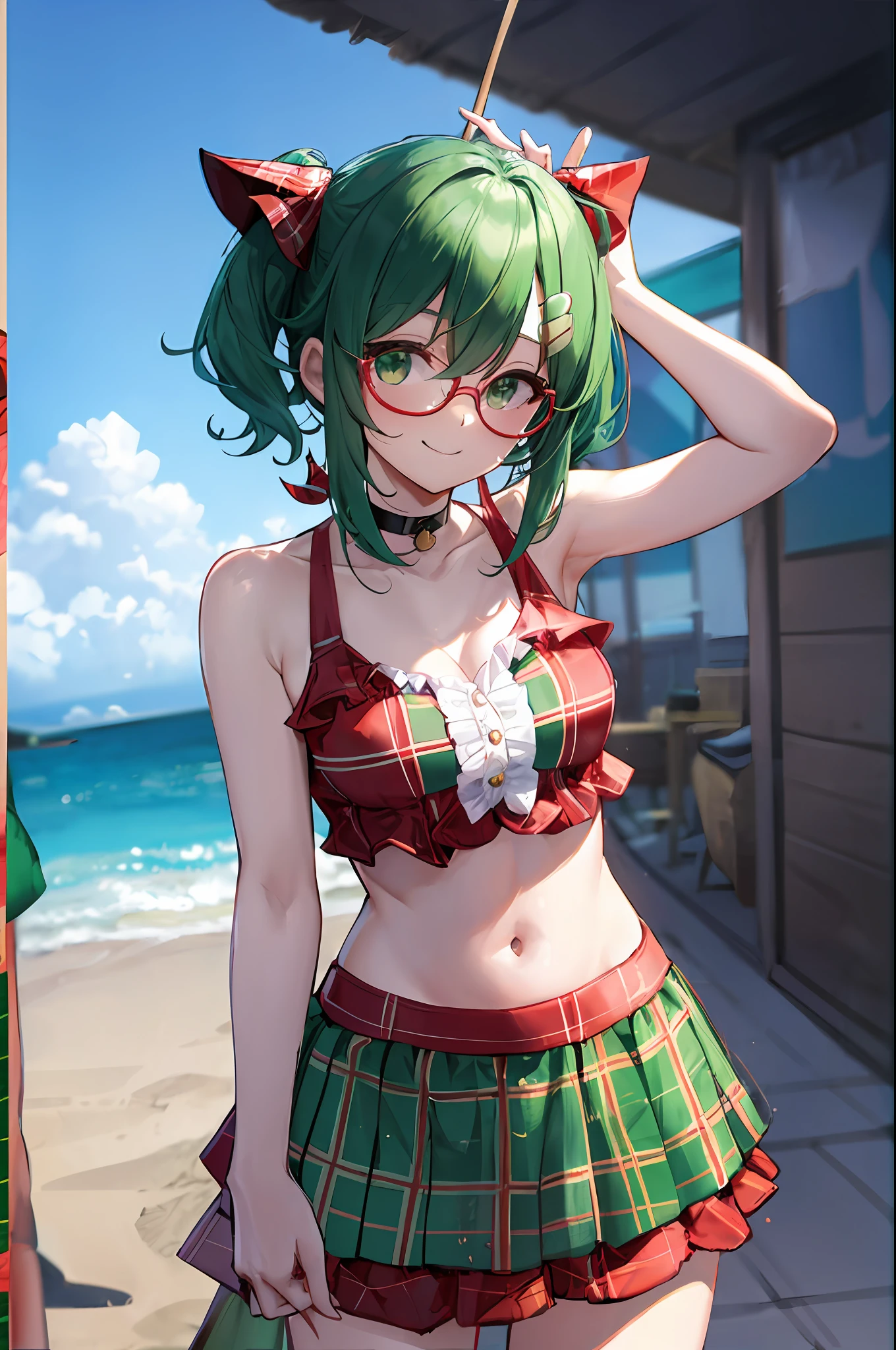 (Masterpiece), A girl, smiles, not large tasty, Small breasts, collarbone,
Fashionable Rush Guard, separate swimsuit(tops red Tartan Plaid with Multi strapped ruffles, bottoms green tartan plaid high-waisted skirt:1.4), loli, cat ear, Pale green hair, Short hair that sticks out the forehead, Hairstyle that reveals the forehead, closeup forehead, Small pigtails, beach house, circle-glasses,