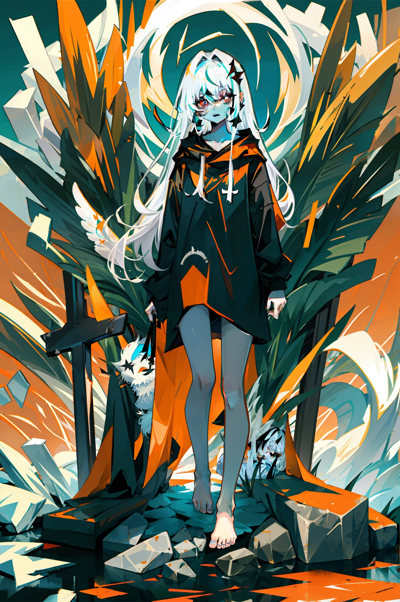 (tmasterpiece), highly detailed, 8K,,Harmonious composition,cold shades,Beautiful girl with white hair, Long hair and red eyes,Barefoot and shoulders,Angel wings,black cloaths,Surrounded by a large scene cemetery