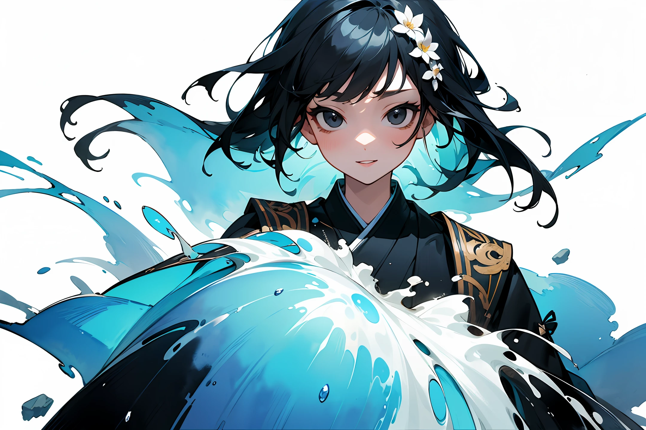 stechu,(white background:1.4), ((tachi-e)), original,(illustration:1.1),(best quality),(masterpiece:1.1),(extremely detailed CG unity 8k wallpaper:1.1), (colorful:0.9),(panorama shot:1.4),(solo:1.2), (ink splashing),(color splashing),((watercolor)), clear sharp focus,{ 1girl standing },((korean style )),flower background,outdoors,rocks, looking at viewer, make happy expressions,soft smile,pure,beautyfull detailed face and eyes,beautyfull intricacy clothing decorative pattern details, black hair,black eyes,colorwater