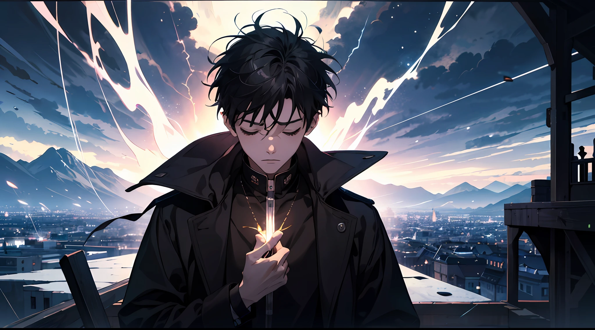 (Absurd, High Resolution), 16k, (Panorama), , Teenager, Eyes, Short Hair, Black Hair, Black Coat, White Underwear, Extreme Detail, Lightning, Magic, Magic Array, Exaggerated Light, Shine, Magic, Floating, Dusk
