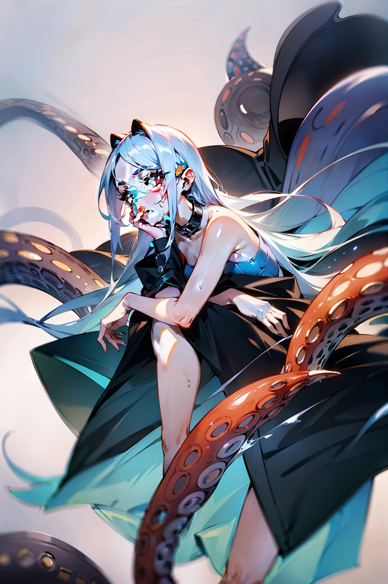 （tmasterpiece），  highly  detailed， 8K，，Harmonious composition，cold shades，Beautiful girl with white hair and long hair, Red pupils，Side face，With collar，Tiger Tooth，blacksilk，Close-up of feet，Black coat, White underwear，Get wet all over your body，Tentacle scene