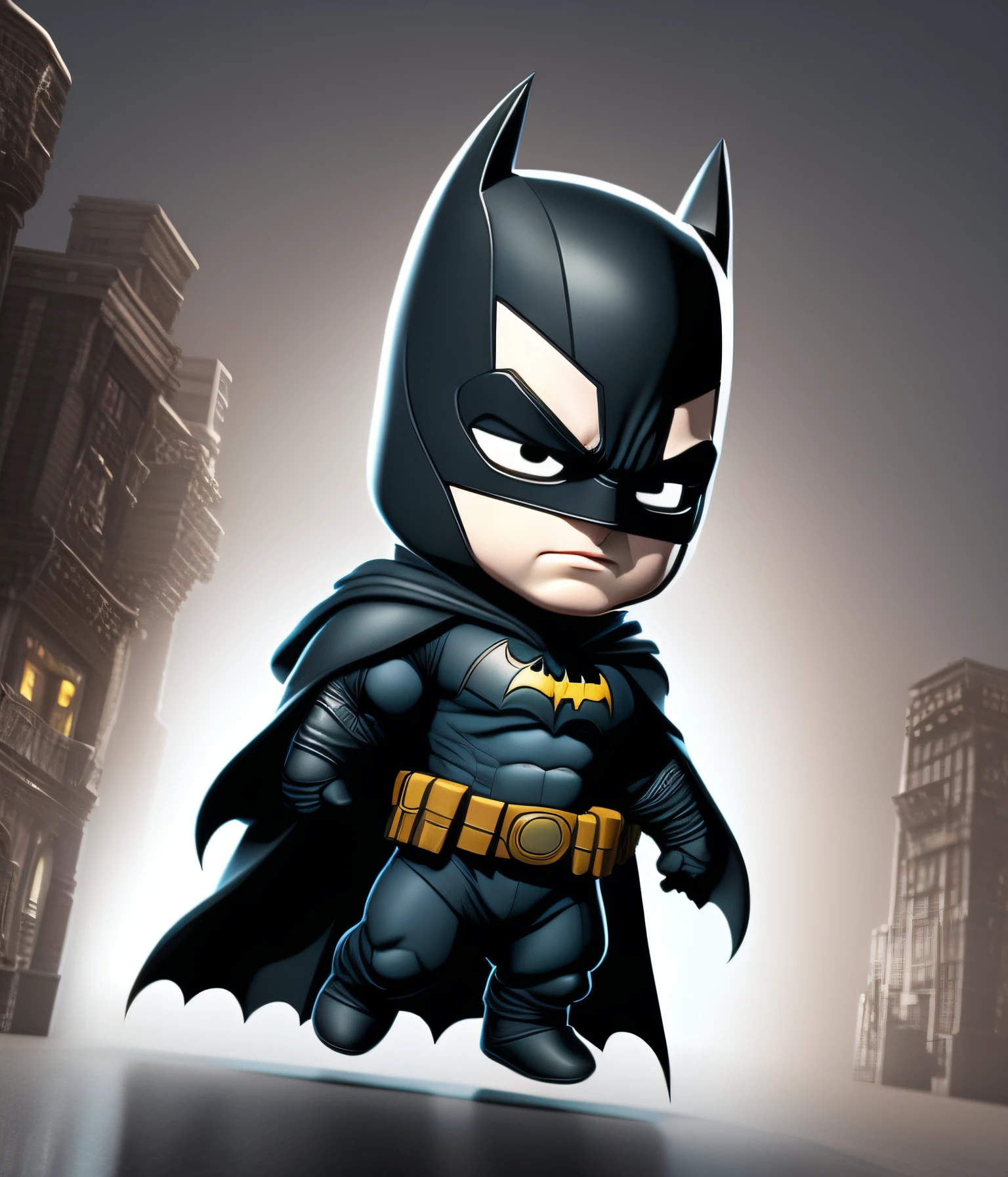 cute batman chibi style cinema scene. complete body, toy shop setting, intricate detail, award winning, great lighting, shading, high quality, detail