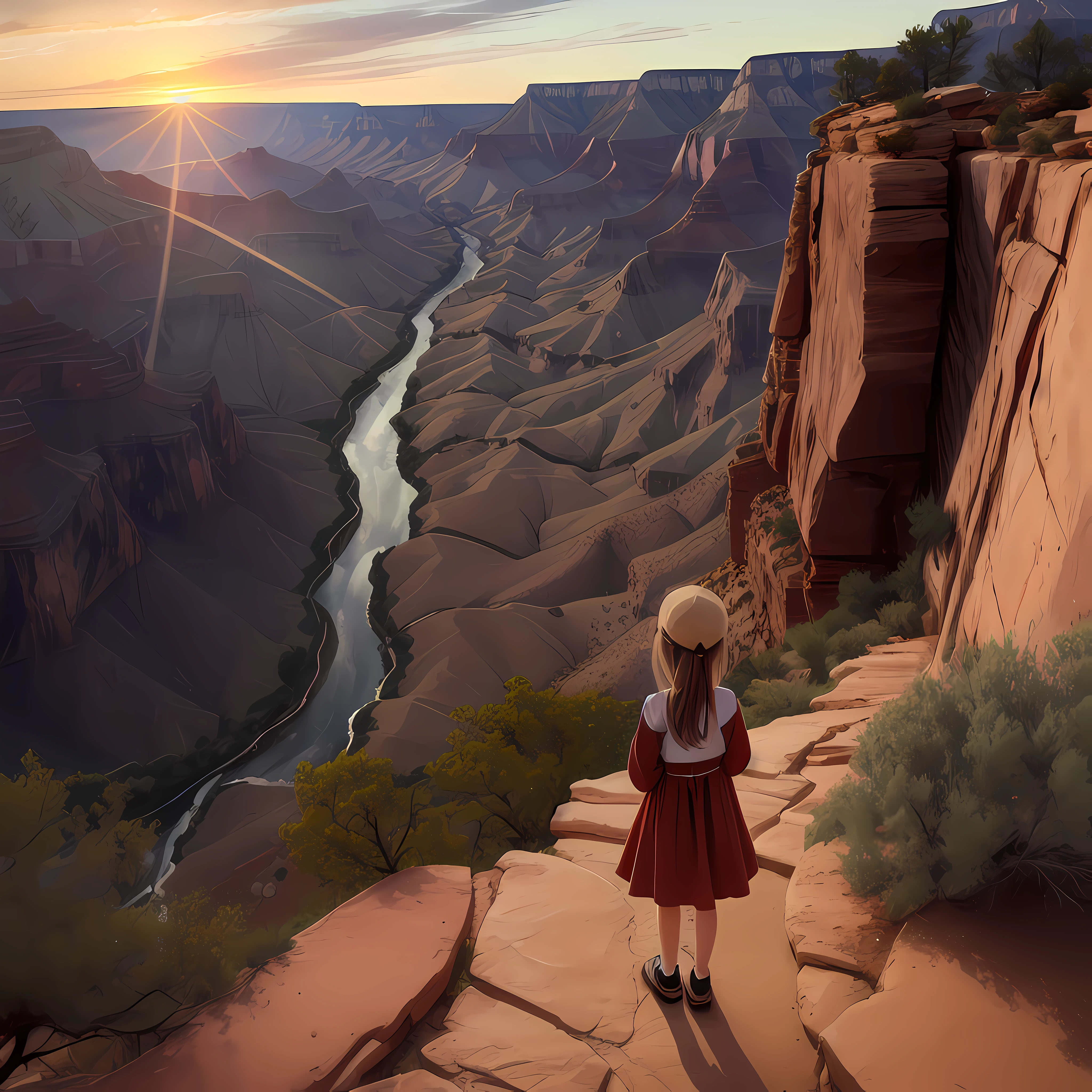 Grand canyon，rich greenery，waterfallr，steins，peach blossom，setting sun，The  shows her back --auto