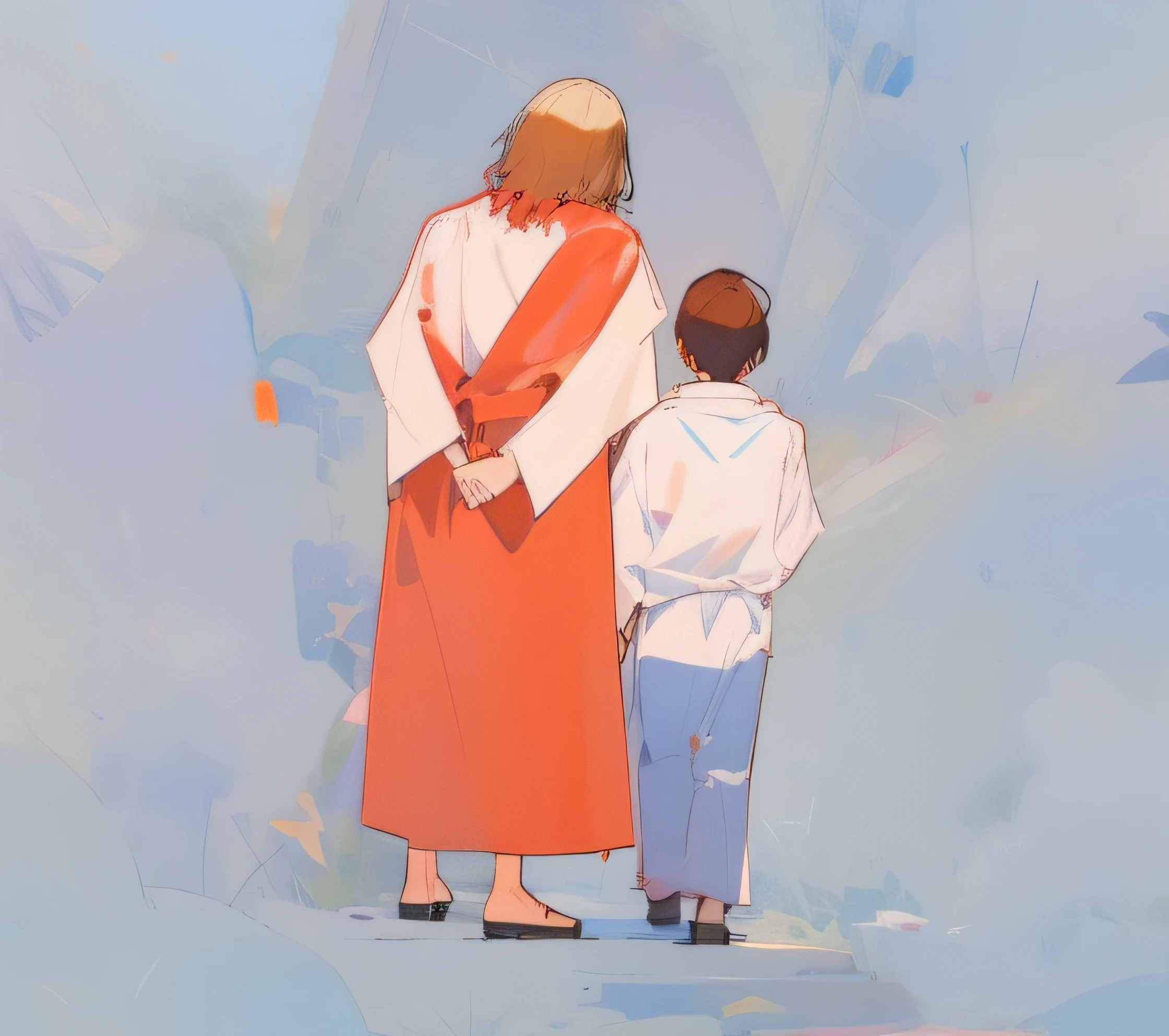 A man with short hair in a robe and a red coat,Stand with your back to us,Jesus, He was thinking about eternity
