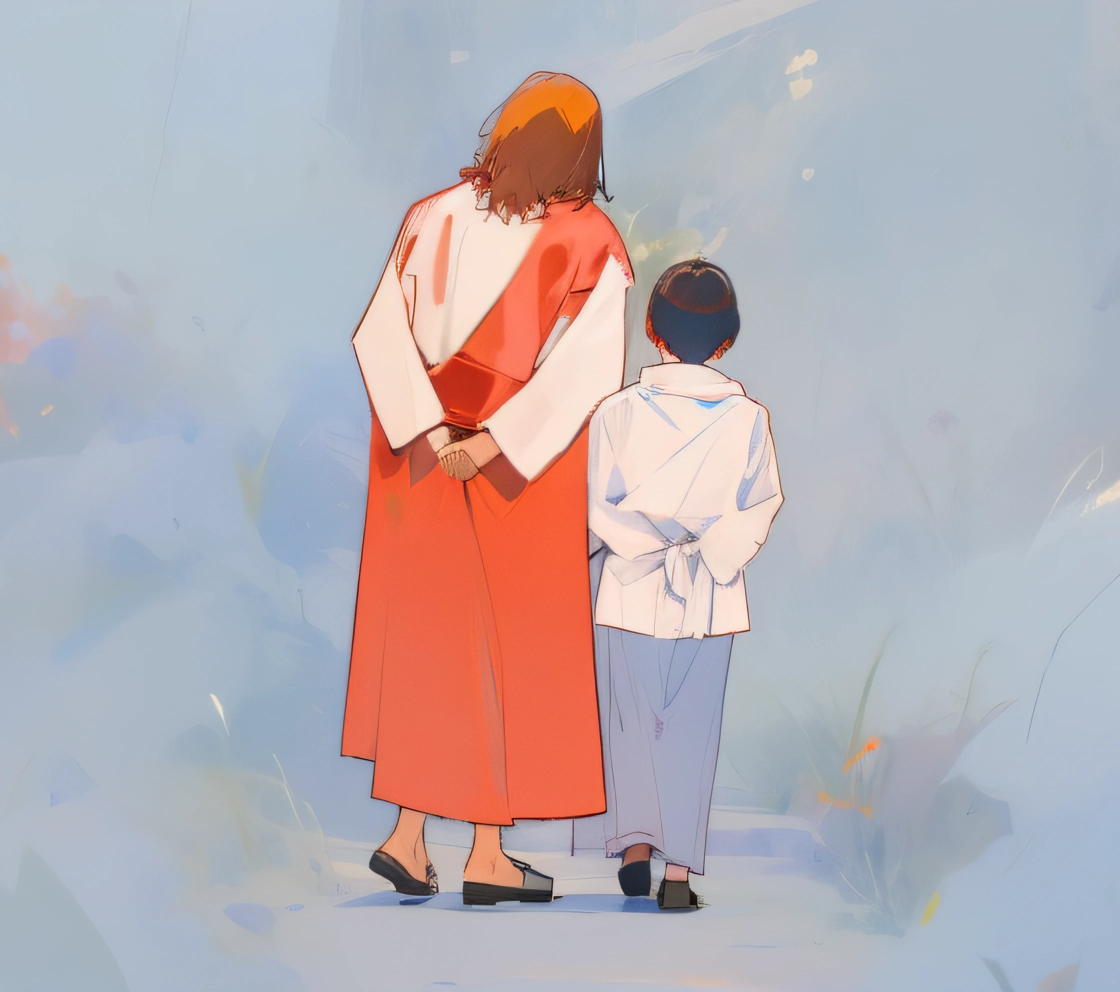 A man with short hair in a robe and a red coat,Stand with your back to us,Jesus, He was thinking about eternity
