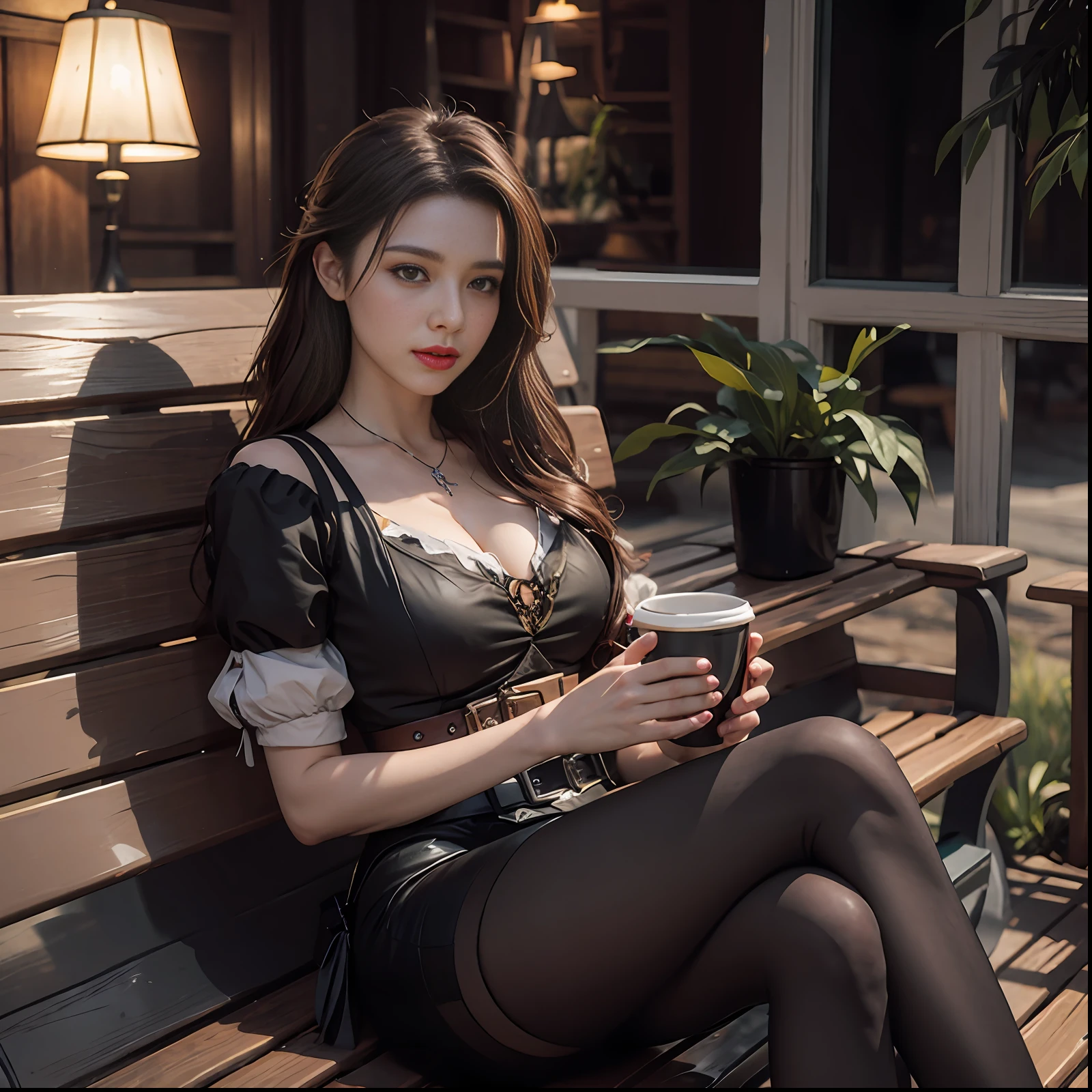 there is a woman sitting on a bench with a cup of coffee, Aerith Gainsborough, beautiful aerith gainsborough, 《Sea of Thieves》styled, alena aenami and artgerm, sakimichan, Guviz, dressed with long fluent clothes, alexey egorov, Guviz-style artwork, Yennefer, Pirate outfit