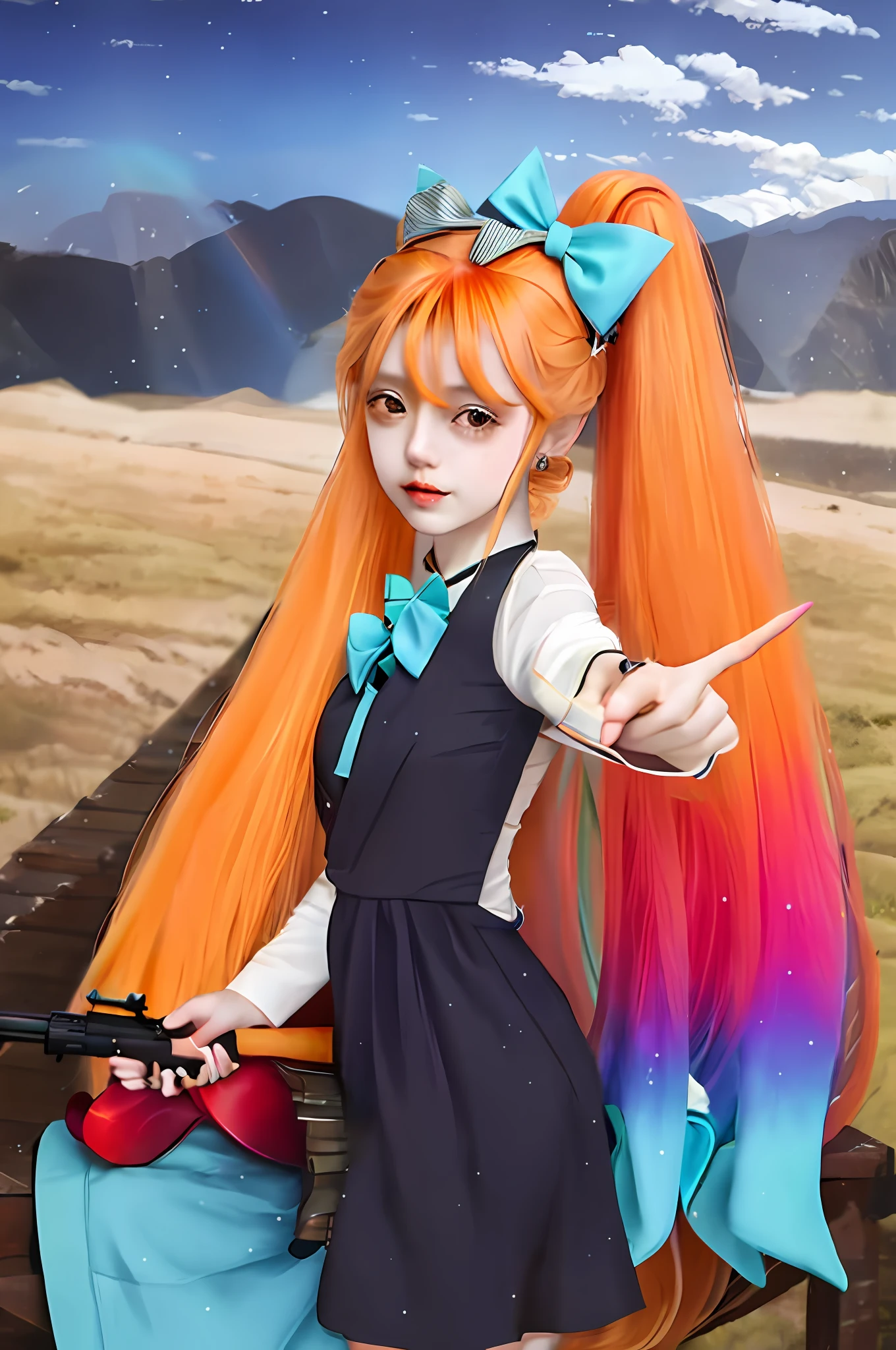 anime girl with long orange hair and blue dress holding a shotgun, bow tie, rainbow eyes, orange kohl, cute girl, 4k, sexy girl