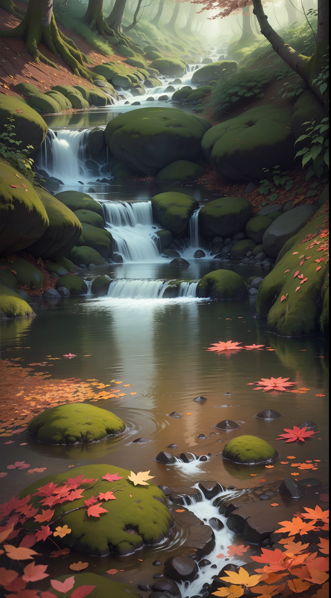 In 8K graphics presented in a realistic style,Stunning realism and highest quality。A tranquil forest becomes the subject,One of the clear streams became the focal point。The stream flows gently,It reflects the surrounding scene like a mirror。The faint sunlight shines through the dense branches,Create an intoxicating effect of light and shadow。The whole picture presents a stunning HDR effect,Highlight the richness of detail and color。The background is cleverly blurred,Focus perfectly on the stream and the reflected scene。Every leaf、Every detail of the flowing water is accurately and realistically reproduced,Make the viewer feel as if they are there,Feel the tranquility and vitality of the forest。It is a high-quality picture that shows the beauty of nature,Immerse yourself in purity、Realistic natural landscape,Indulge in the wonders of nature
