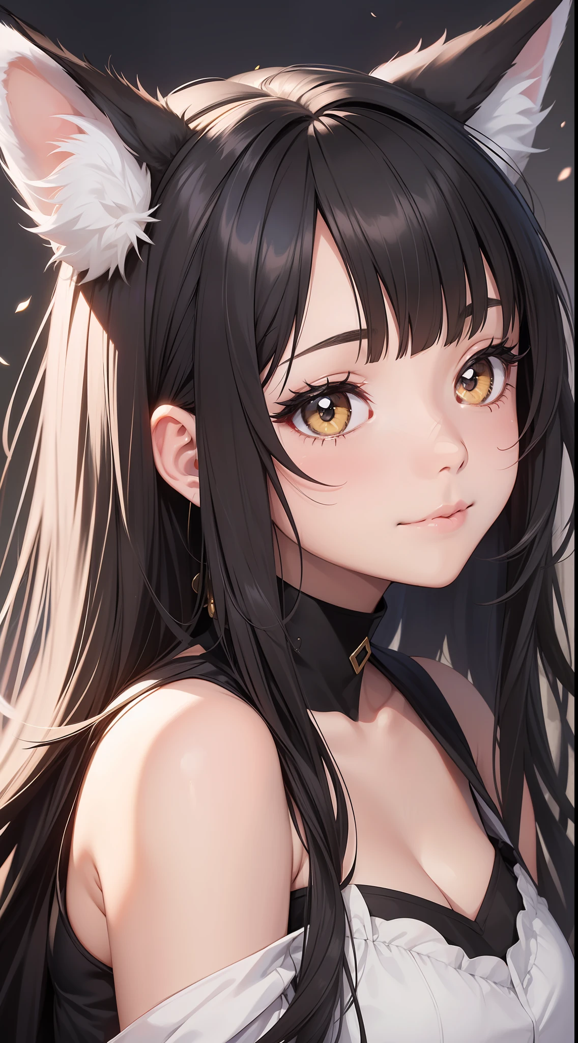 young girl, Long black hair with light pink ends, White fox ears, White fox tails, Golden eyes, Tight kimoro, ssmile, Masterpiece, hiquality