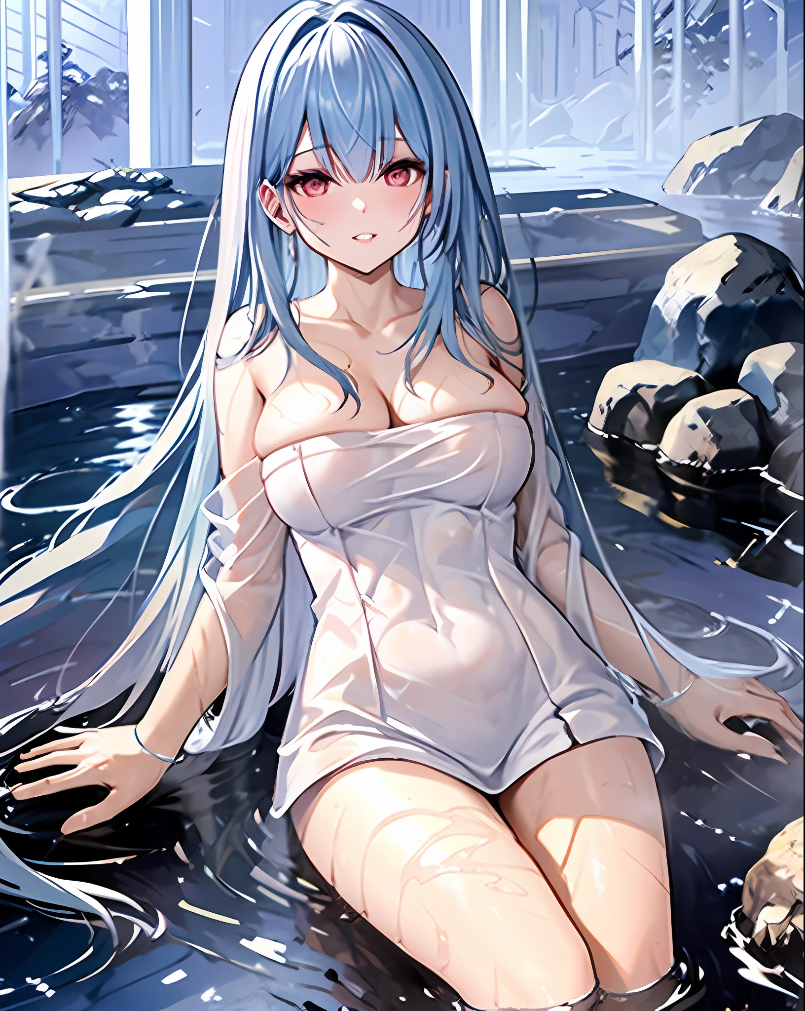 voroshilov, naked towel, 1girl, breasts, towel, large breasts, looking at viewer, solo, onsen, cleavage, wet, sitting, water, blush, parted lips, smile, collarbone, thighs, sunlight, bathing, outdoors, rock, partially submerged,