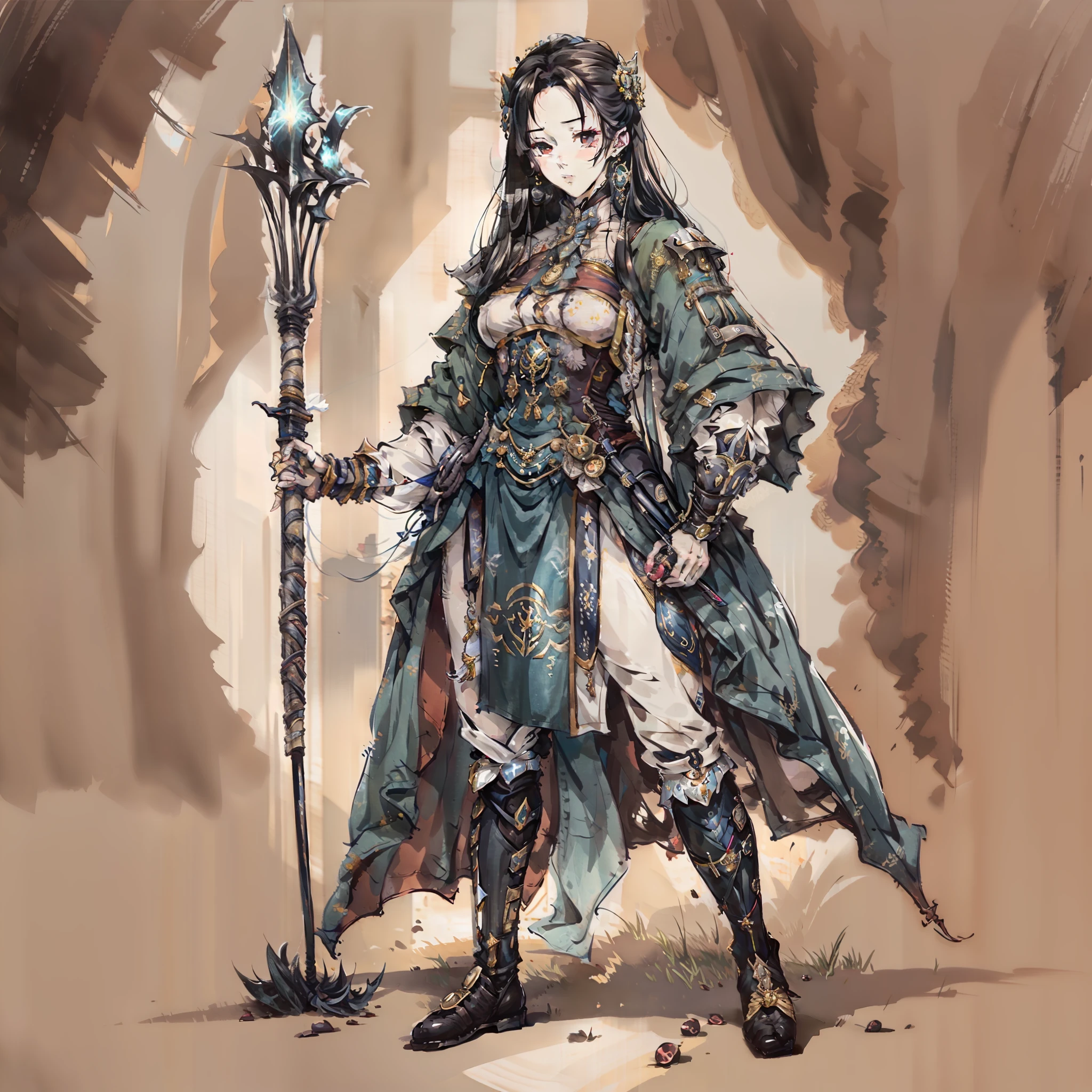 period costume，battlefiled，standing on your feet，holding a long spear