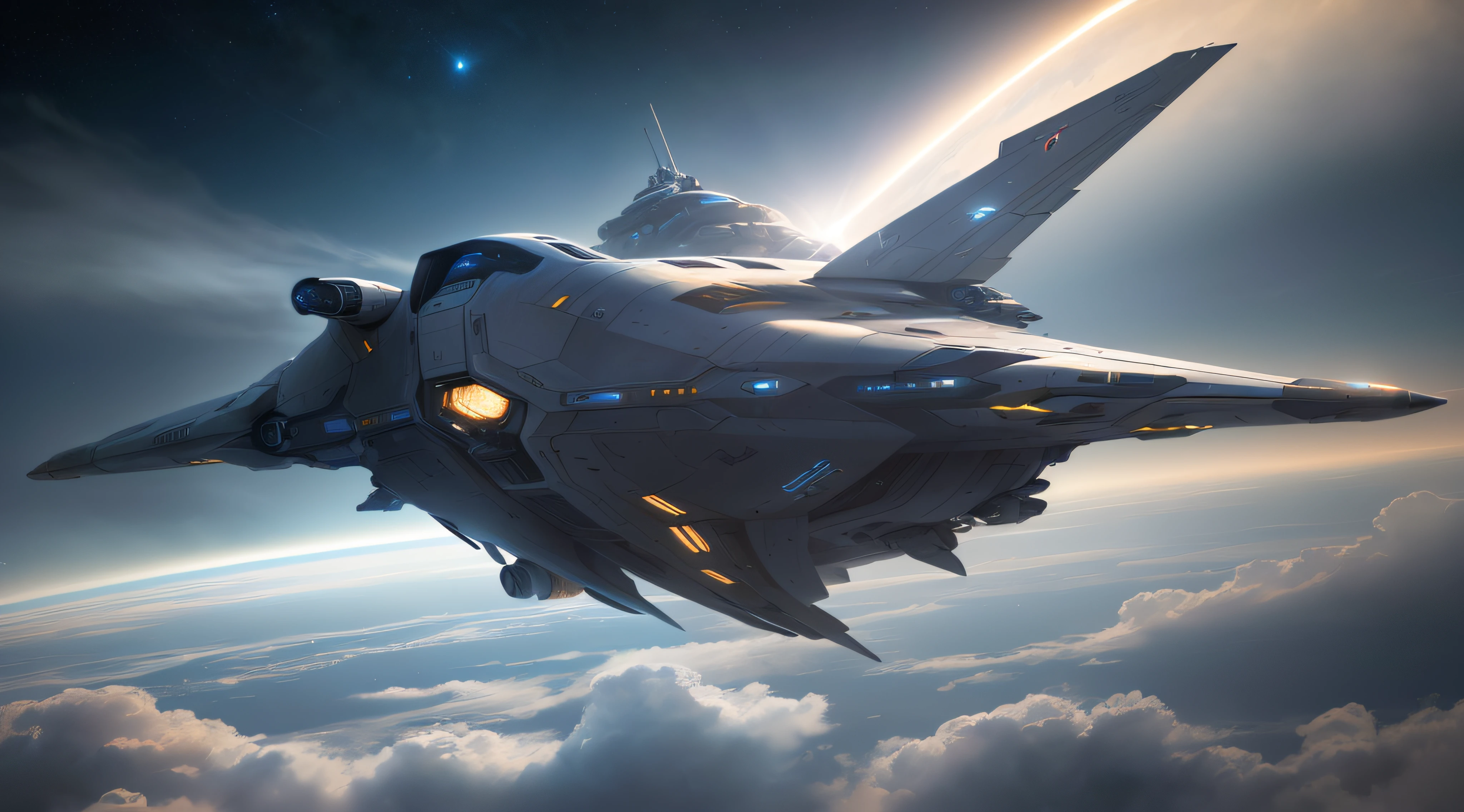 spaceship flying in the sky with a sun shining behind it, sci - fi spaceship in combat, star citizen digital art, spaceship flies in the distance, futuristic spaceship, spaceship in the sky, valkyrie fighter jet, inspired by jessica rossier, futuristic starship, portrait of figther jet evading, scifi spaceship, star citizen halo, star citizen origin 100i