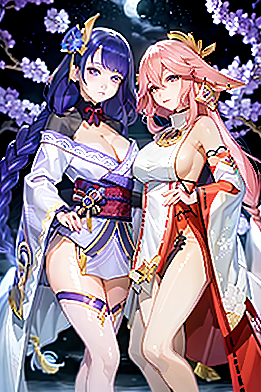 masterpiece, best quality,multiple girls, breasts, 2girls, yae miko, raiden shogun, purple eyes, pink hair, japanese clothes, purple hair, large breasts, long hair, cleavage, hair ornament, thighs, purple kimono, thighhighs, bangs, animal ears, detached sleeves, fox ears, wide sleeves, kimono, moon, weapon, braid,(kbxll:0.8)