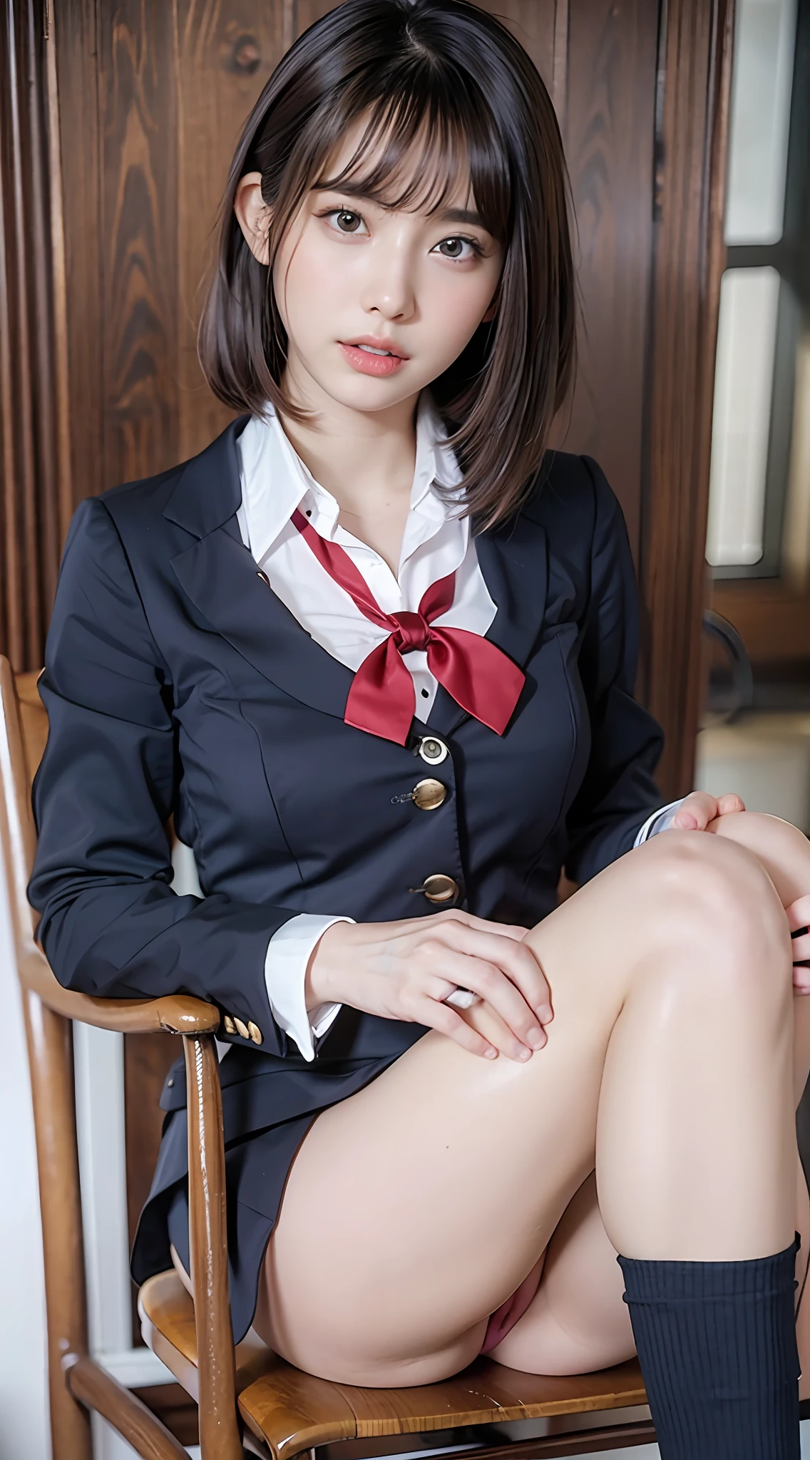 Top Quality, Photorealistic, 8K, High Definition, 1 Girl, Female, (1.8), School, Schoolgirl, Blazer, Uniform, Pubic hair visible, No panties, Skirt boldly pulled up, ((Sit in chair and legs wide open)), Bend your knees and open your legs, Slightly shorter hairstyle, Grab your knees with your hands to open your legs, Buttoned shirt flutters