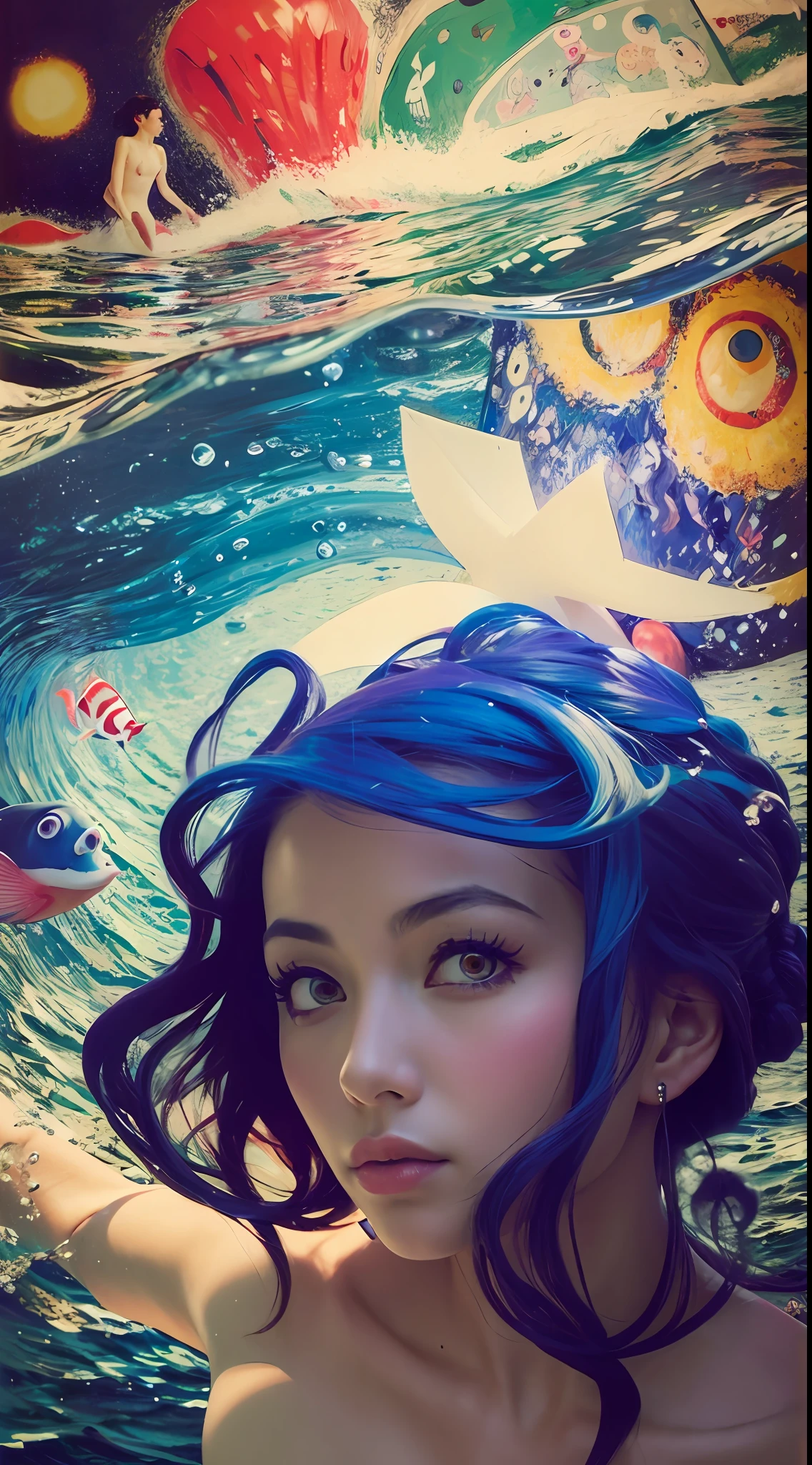 Marc Chagall, Claude Monet, Oil Painting, Dynamic Pose, Cinematic Angle, Beautuful Women, crystal hair, make noise, Waves blow, Under the deep sea, The ultra -The high-definition