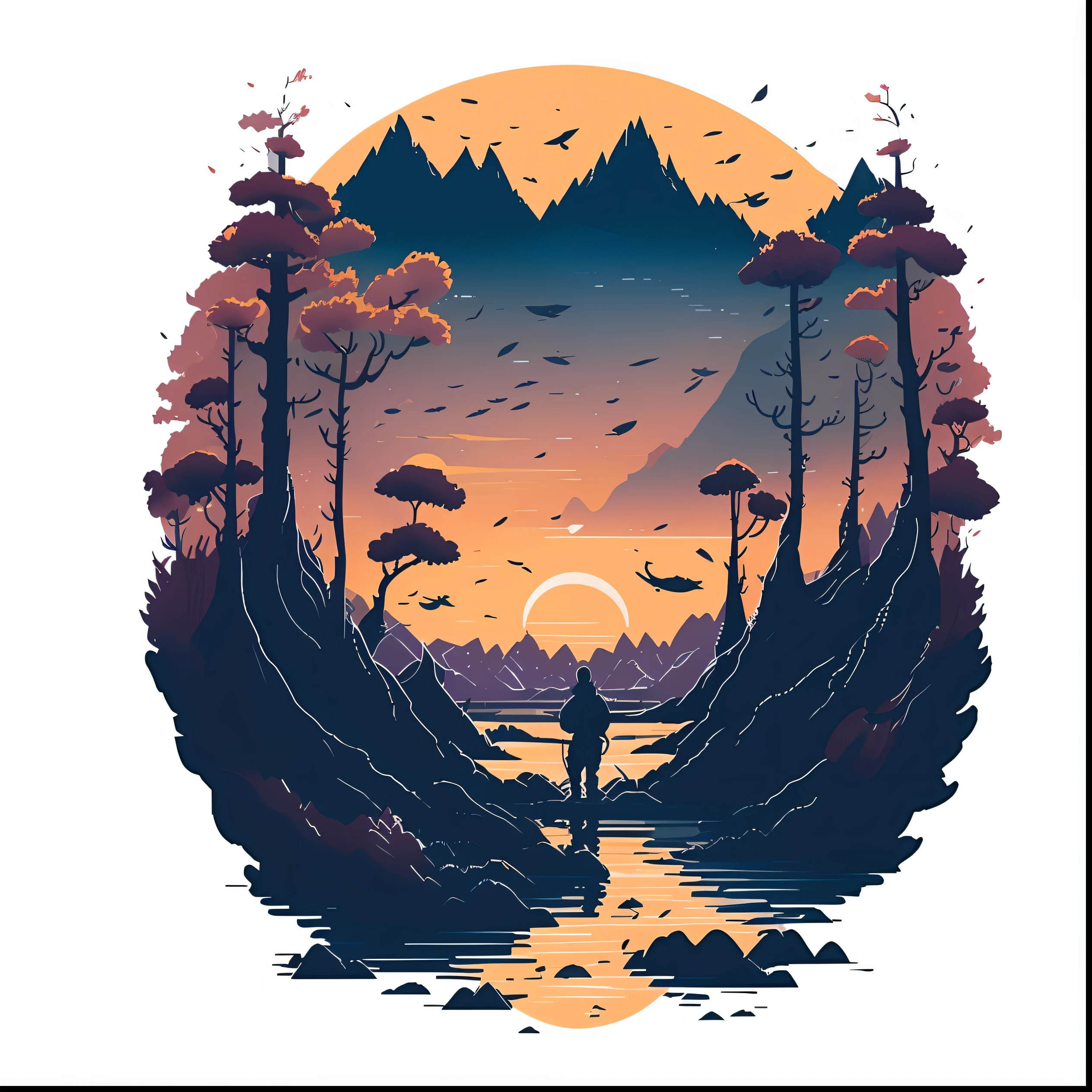 A man stands in the middle of a lake with trees and mountains, sunset illustration, landscape artwork, Illustration style, A beautiful artwork illustration, serene illustration, 2d matte illustration, inspired by Kilian Eng, style of kilian eng, kilian eng vibrant colours, Landscape illustration, kilian eng vibrant colours, flat 2 d vector art