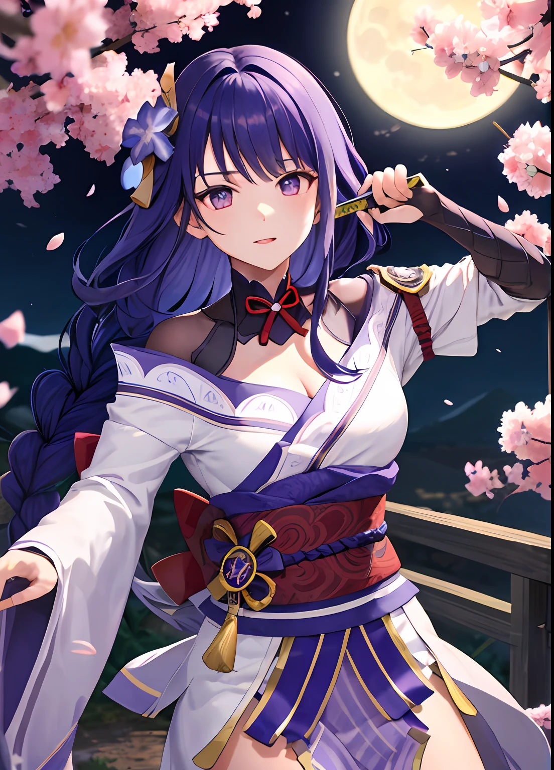 Raiden general,nigth,Under the full moon,There is a katana around his waist,Pull the knife seriously,hilltop,sakura flowers falling