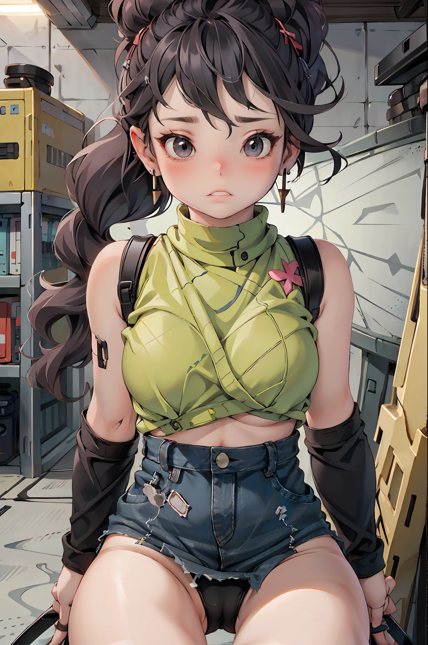 tmasterpiece, Best quality at best, 3girl, Young girls, Taupe eyes, greys, Prom hairstyle, Disturbed_face, Fair and rosy skin, mediuml breasts, nice leg line:1.3,Fleshy legs, Big breasts Thin waist, Broken black stockings, Denim_Mini_Superskirt, Graphic_tee shirt, black_sandals, Silver_wanting_Earrings, black_Leather_Backpack, view over city, looki at viewer, Wear only a bra for the upper body, Dutch angle,White sheer lace-trimmed panties,Semi-naked