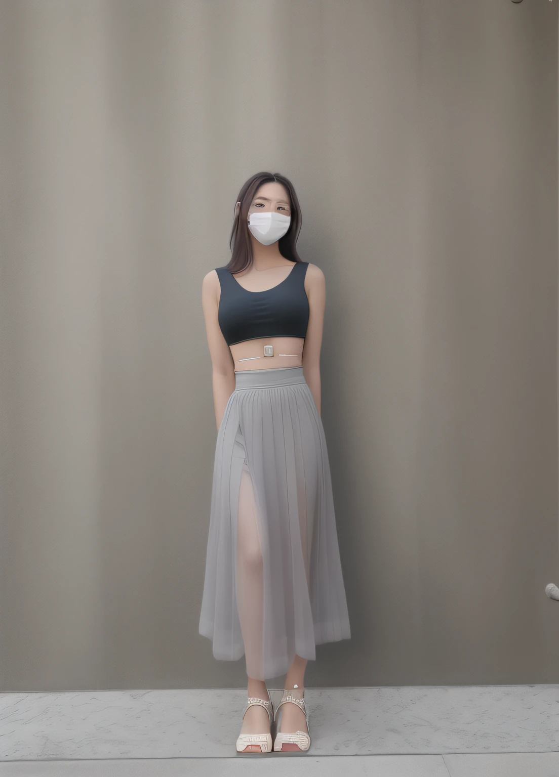 Araved woman standing in front of a wall wearing a mask, grey skirt, Long skirt, Thin waist, Slender waist, transparent gray skirts, with a thin waist, Bandeau Dress, big breasts thin waist, height of 165cm, jia, midi skirt, big breasts thin waist, Long dress, wearing a tanktop and skirt, Small waist, wide skirt