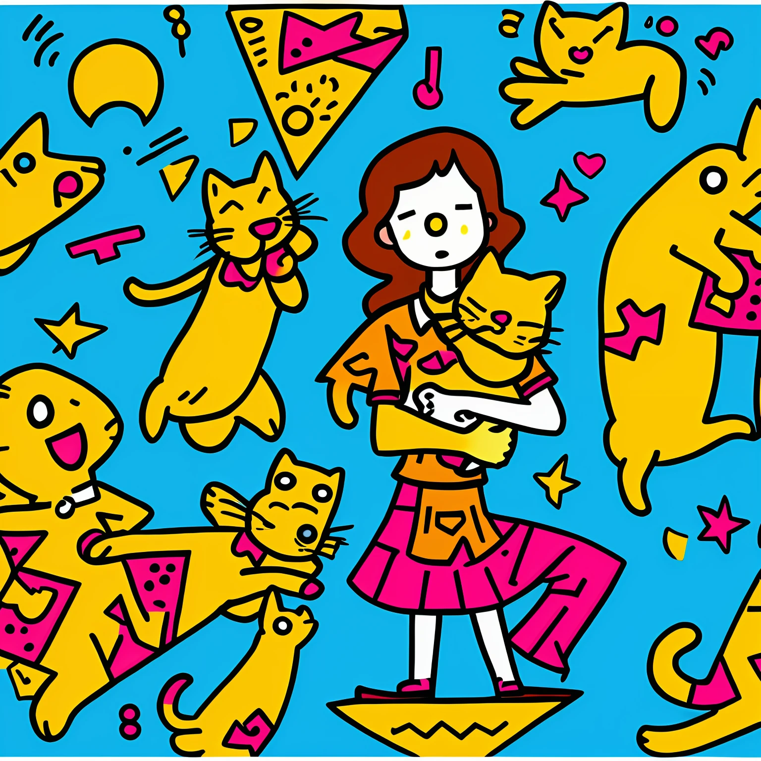 cute cartoon girl is wearing short sleeves and holding a cat, surrounded by cats, full body, blue background, doodle in the style of Keith Haring, sharpie illustration, bold lines, in the style of grunge beauty, mixed patterns, text and emoji installations --ar 3:4 --weird, Surrealism --auto