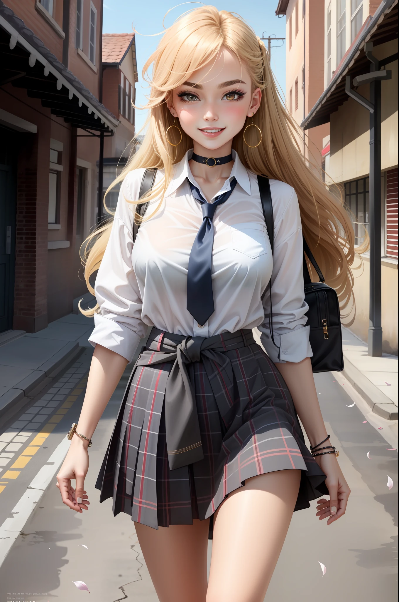 masterpiece, best quality, full body, 1girl, bangs, black choker, black necktie, black hair, blue skirt, blush, bracelet, breasts, choker, clothes around waist, collarbone, collared shirt, cowboy shot, dress shirt, ear piercing, eyebrows visible through hair, gradient hair, grin, gyaru, jewelry, kogal, long hair, looking at viewer, loose necktie, necktie, piercing, plaid, plaid skirt, pleated skirt, red eyes, ring, school uniform, shirt, skirt, smile, solo, white shirt, street, sky, cherry blossoms, petals,illustration, (magazine:1.3), (cover-style:1.3), fashionable, woman, vibrant, outfit, posing, front, colorful, dynamic, background, elements, confident, expression, holding, statement, accessory, majestic, coiled, around, touch, scene, text, cover, bold, attention-grabbing, title, stylish, font, catchy, headline, larger, striking, modern, trendy, focus, fashion,