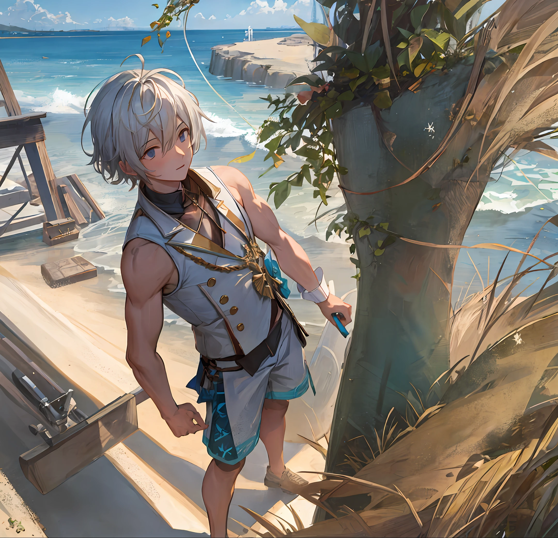 Boy with a guitar on his back,beachside