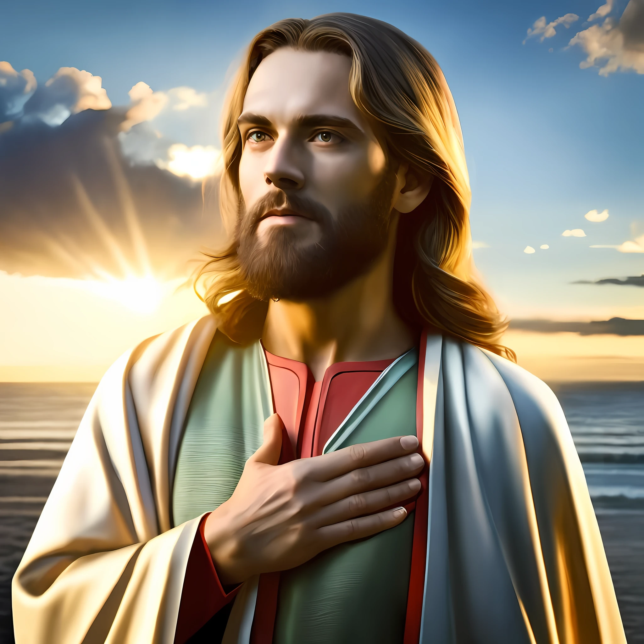 Jesus is standing on the beach with his hands clasped to his chest, Jesus Cristo, Vestido como Jesus Cristo, Retrato de Jesus Cristo, Jesus, jesus of nazareth, Jovem Deus Todo-Poderoso, rosto de Jesus, O Senhor e Salvador, Obra-prima da luz brilhante, he is greeting you warmly, Greg Olsen, altamente renderizado, Jesus Cristo em Mass Effect, Jesus Gigachad