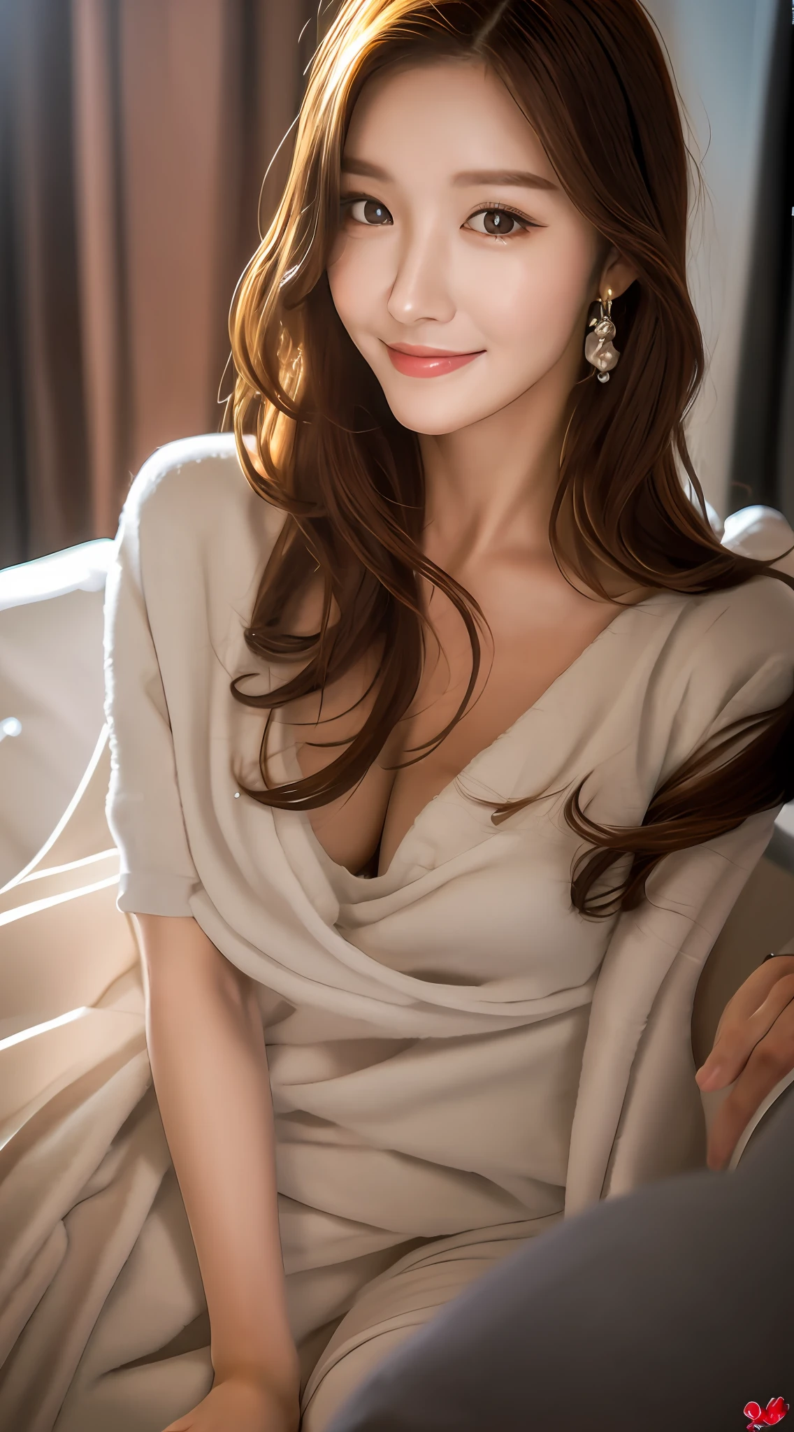 top-quality、masterpiece、Ultra-high resolution、Beautie、Photorealsitic , Beautuful Women、Slim Face、Charming gentle smile, realperson, Korean model, cute face, ,28 years old、long brown hair,dual、Live action、Translucent skin、Solo、Wave hair、Woman in the figure of a princess sitting on bed、A smile、extremely detailed eye、extra detailed face、best qualtiy、masterpiece、ighly detailed、ultra-detailliert、FULL BODYSHOT、Super cute smile