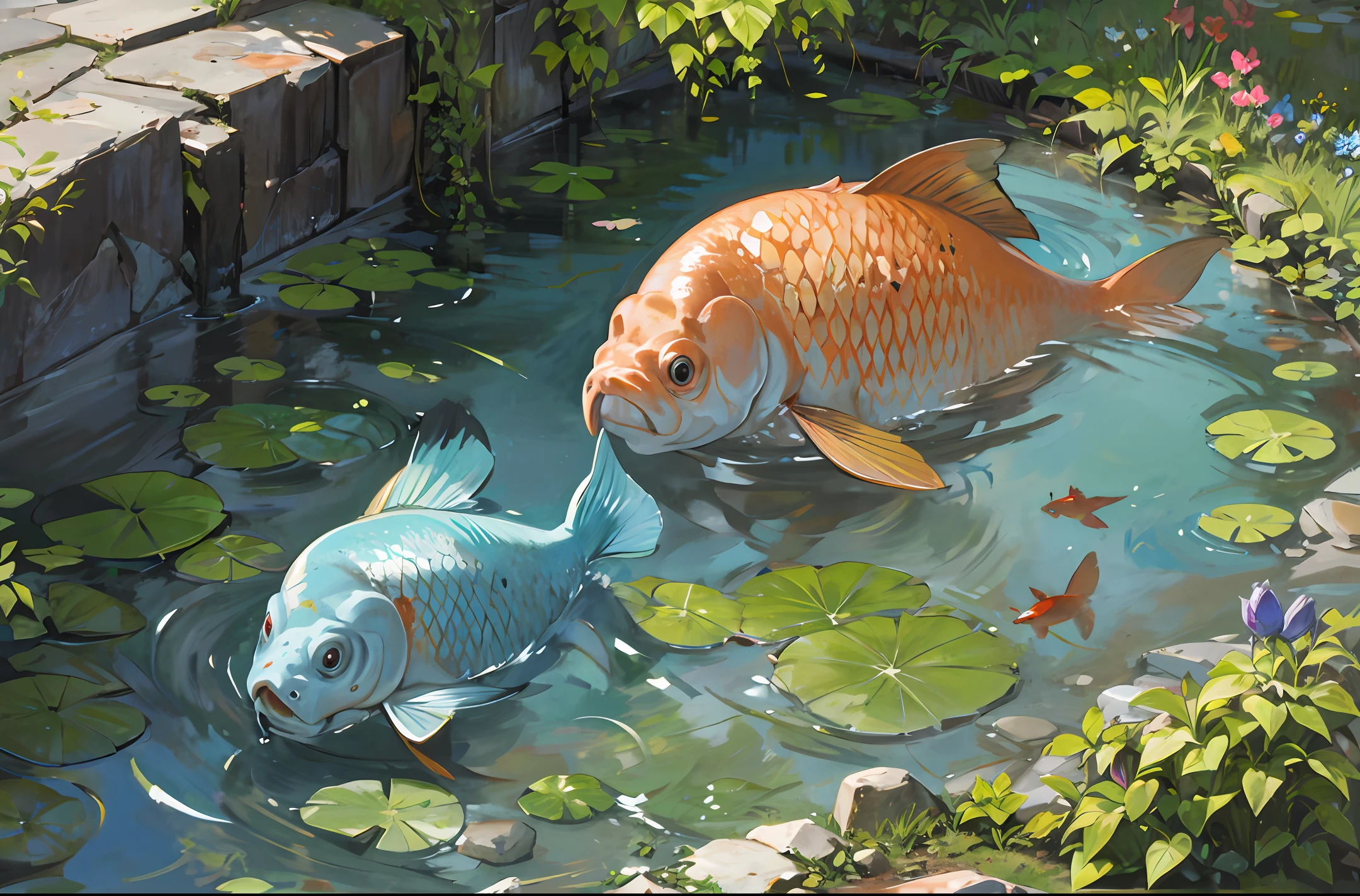 In a dry and cracked pond,Two carp moisten each other with spit