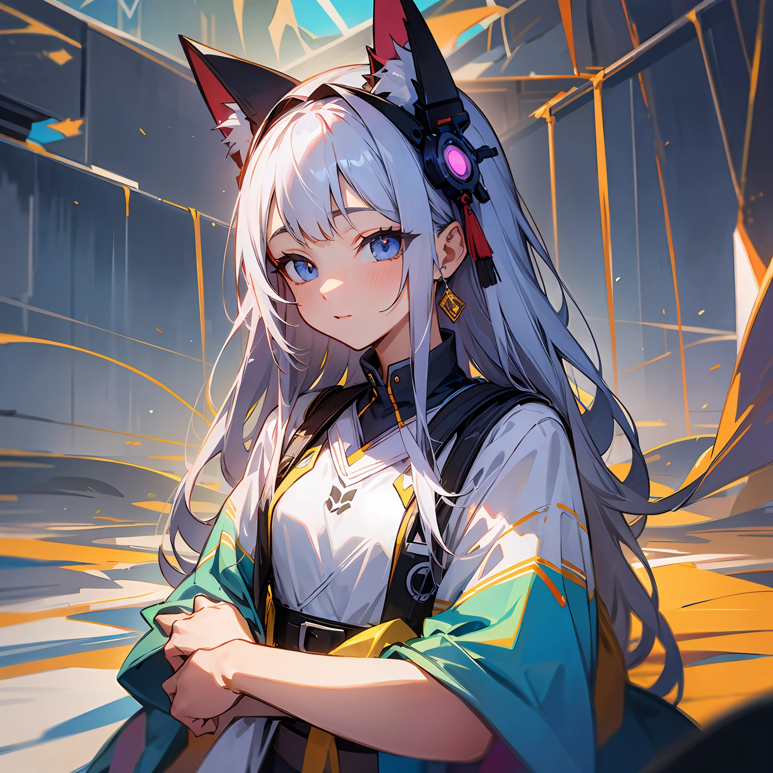 black hair, hair bobbles, wince, longeyelashes, solid circle eyes, fake animal ears, light smile, ear blush, fang, streaked hair, multicolored hair, crown, heart-shaped pupils, crystal earrings, fox ears, light smile, drop shadow, anaglyph, stereogram, tachi-e, pov, atmospheric perspective, Surrealism, high detail, Conceptual art, cinematic lighting, ray tracing, super detail, ccurate, best quality, UHD, 16k, highres --auto