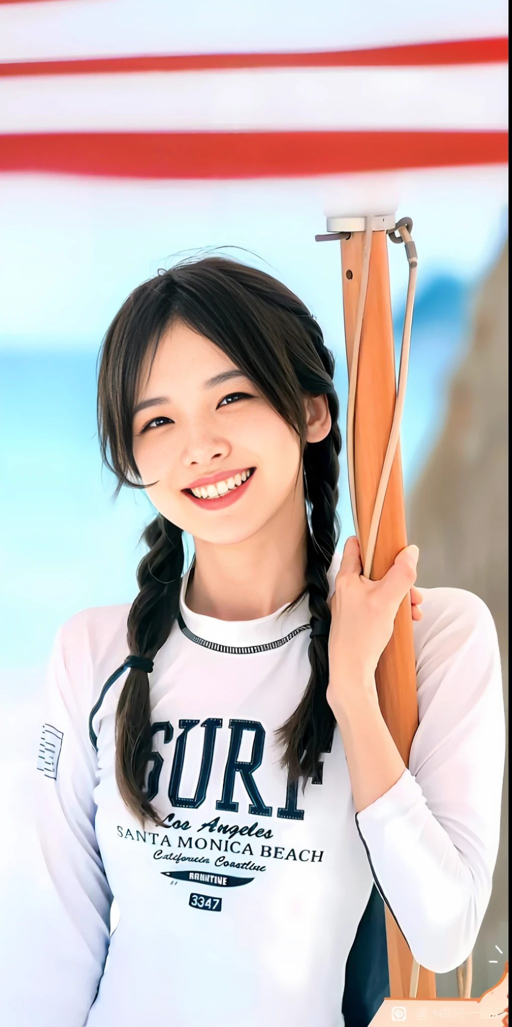 A woman in Alavid holds skis and a wooden pole in front of a flag, beautiful Korean women, cute korean actress, Twin tail hairstyle, Japanese model, braid hairstyle, Beautiful young Korean woman, Korean girl, Anime Thai girl, young lovely Korean faces, wan adorable korean face, Gorgeous young Korean woman, of a youthful japanese girl