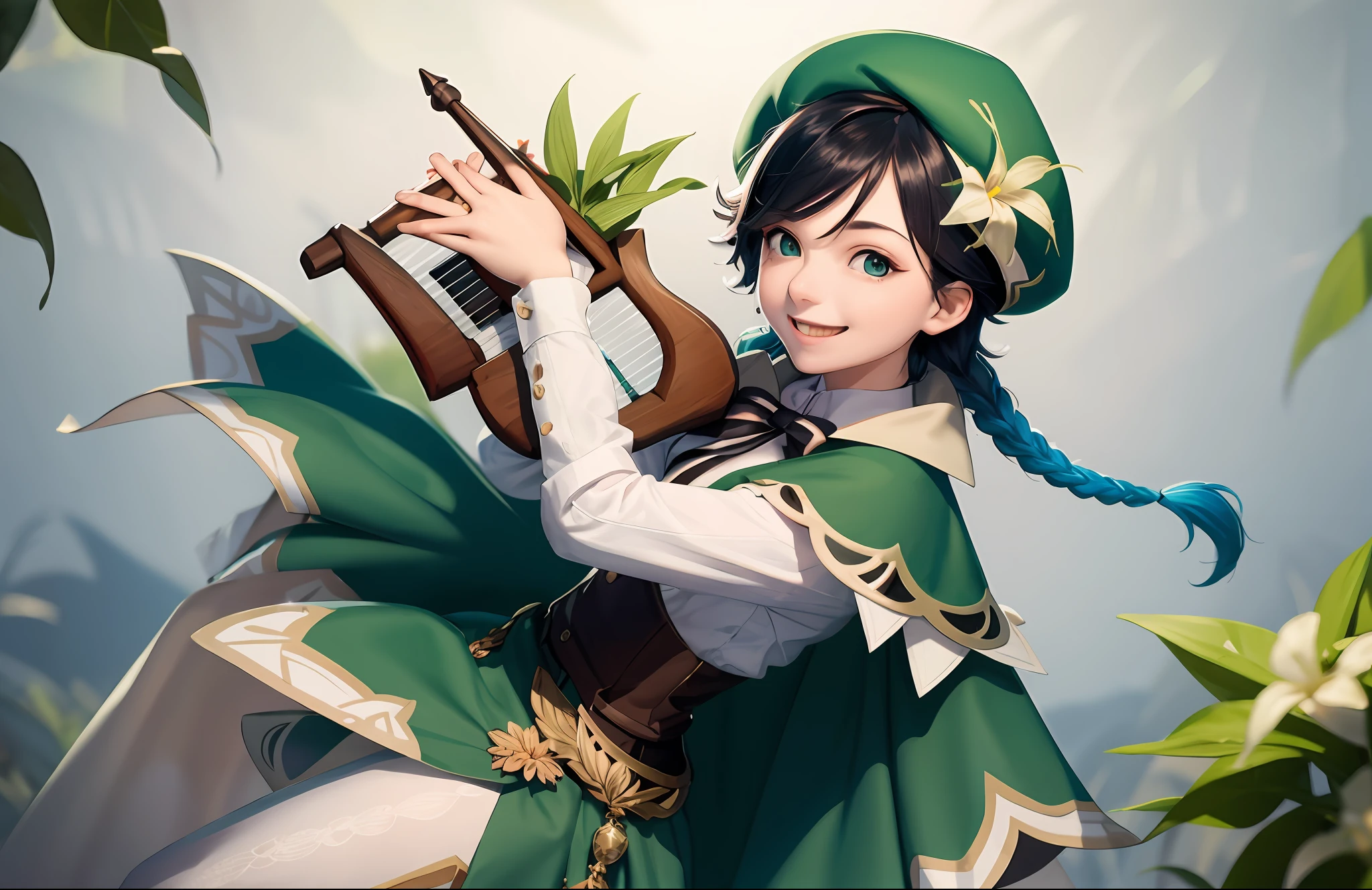 masutepiece, Best Quality,1boy, Male Focus, Venti (GenshinImpact), Smile,flower, Open mouth, Solo, hat, white blossoms, braid, green headwear, Twin braids, lyre, Smile, Black hair, Gradient Hair, Blue hair, multicolored hair, Bangs, musical instrument, Long sleeves, Green eyes, musical note, beret, Holding, Hold the utensils, Bow, collared cape, short hair with long locks, androgyny, Cape, fronds, Looking at Viewer, Shirt, Jewelry