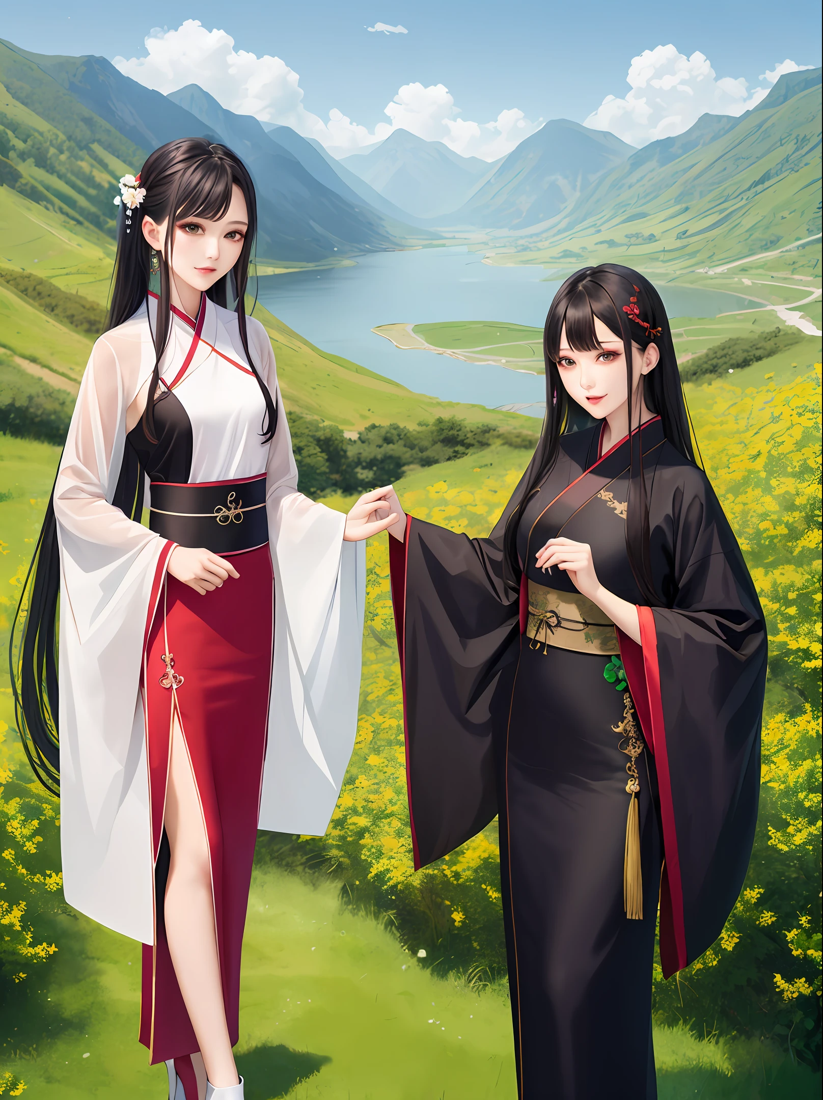 Background of green water and green mountains，A beauty of 170cm，Slim figure，Micro-mature，are standing，Elegant，Red and black clothes，Hanfu according to the skirt，Feminine and attractive with long hair，