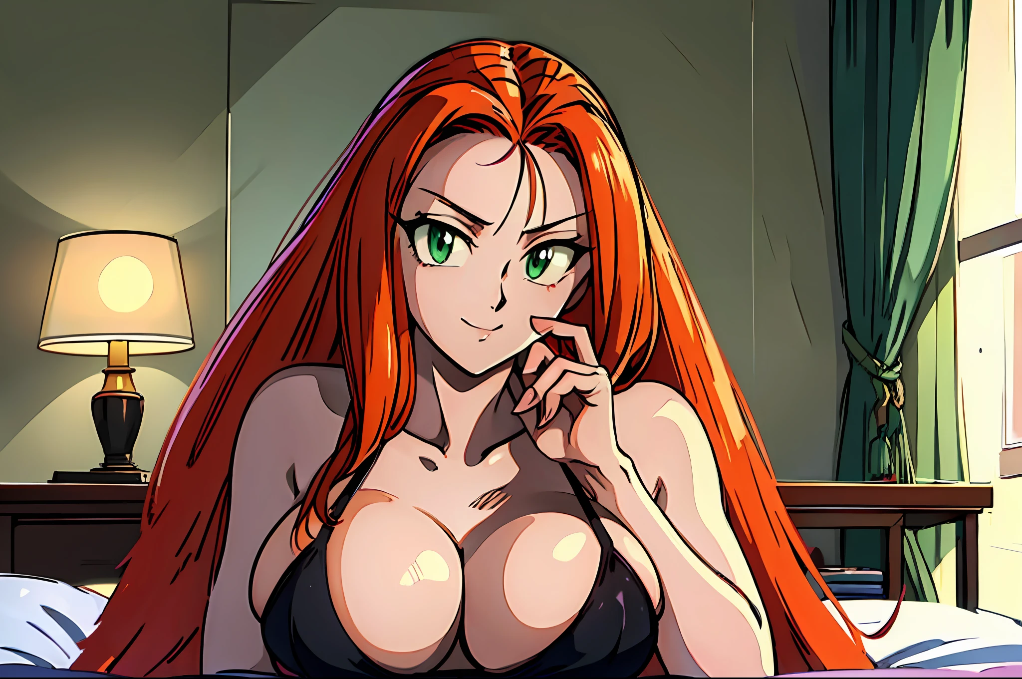 ((masterpiece)), ((best quality)), ultra detailed, detailed background, orange hair, Long Hair , green eyes, thin eyes, extreme large breast, long hair,, highest details, sexy, focus, Alluring, long legs, ((breasts shot)), (((wearing a sexy black thong))), hentai style, sensual smile, erotic, erotic body, sexually suggestive, hentai body, sensual pose, naughty face, aroused body, on a bed , (tits focus)), (laying on a bed ), ready for making love