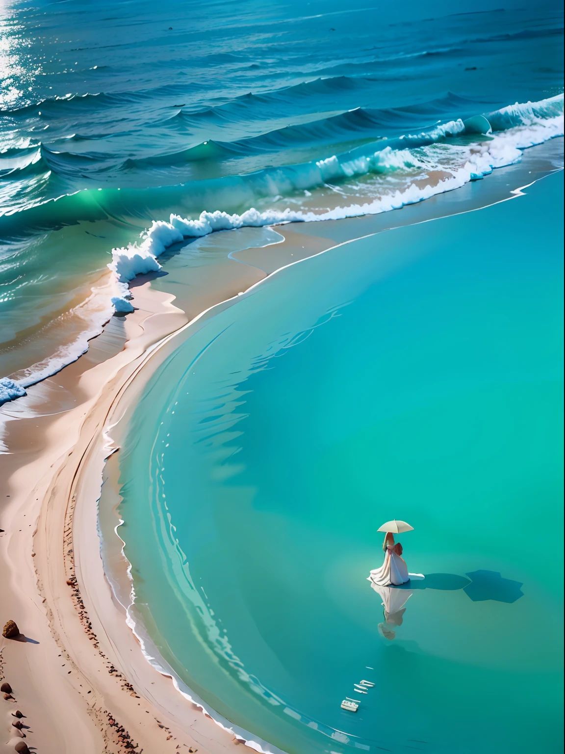 Red sandy beach, blue waters, A small woman stands in the center of the picture, cabelos preto e longos, a white long skirt, from above, wide shot, anaglyph, Romanticism, Minimalism, UHD, masterpiece, ccurate, super detail, high details, high quality, best quality