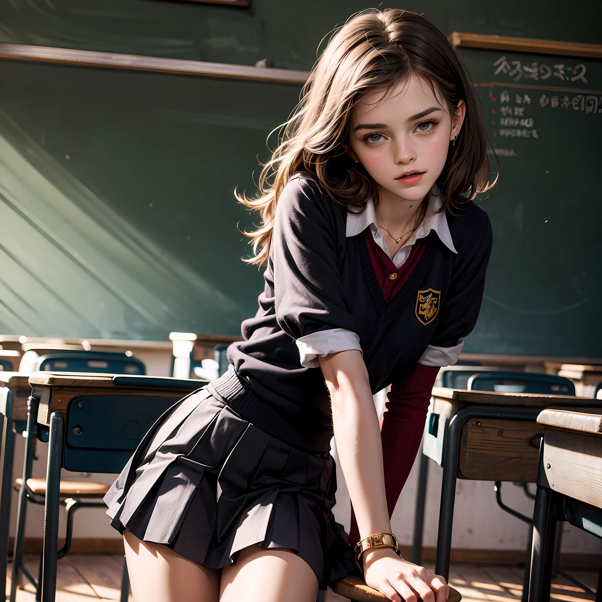 teen emma watson as a sexy schoolgirl sitting on a fence. tight intricate school uniform. slender body. classroom. day. background blackboard. pleated skirt.