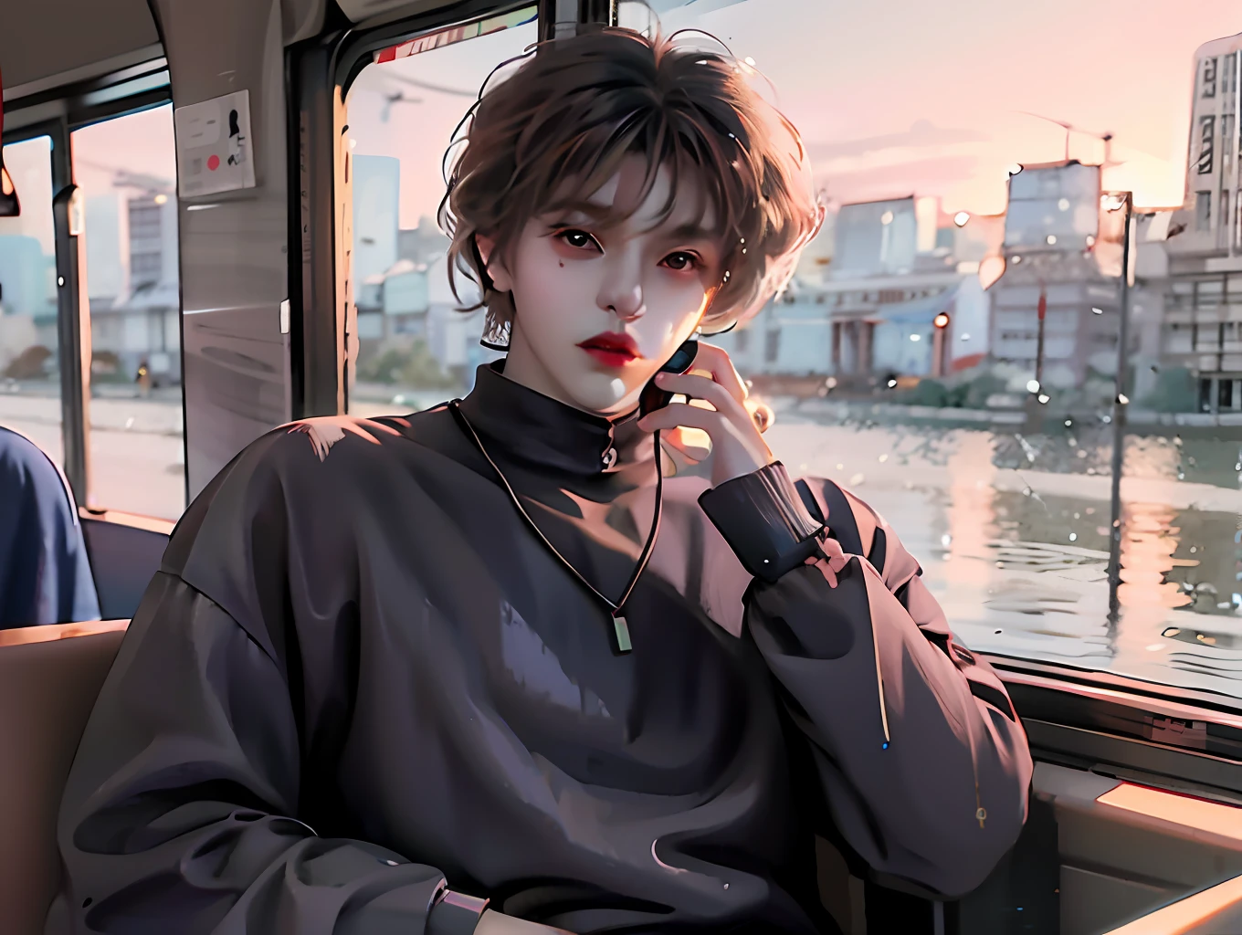 there is a man sitting on a bus talking on a cell phone, artwork in the style of guweiz, male anime style, anime style. 8k, lofi portrait, anime style portrait, realistic anime artstyle, anime realism style, with short hair, lofi artstyle, anime style 4 k, semirealistic anime style, young anime man