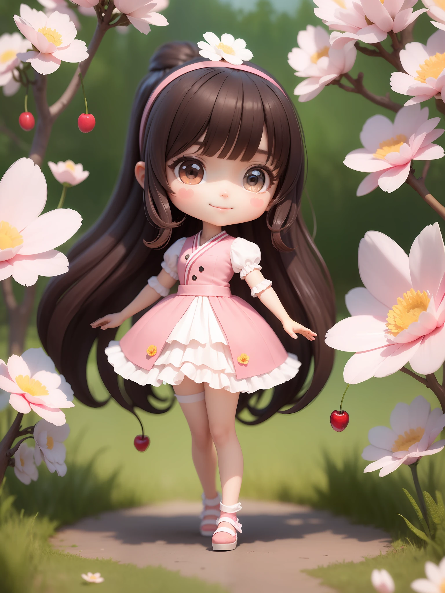(Daisaku), (Excellent), (Super Detailed), (Full Body: 1.2), 1girl, Chibi, Cute, Smile, Flower, Outdoor, Garden, Dancing, Long Legs, Blush, Tree, :3, Long Hair, Cherry Blossoms, Misty, Brown Hair, Blush Sticker, Skirt, Bangs, Black Hair, Pink Flower, (Beautiful and Delicate Face), (Beautiful and Delicate Eyes),