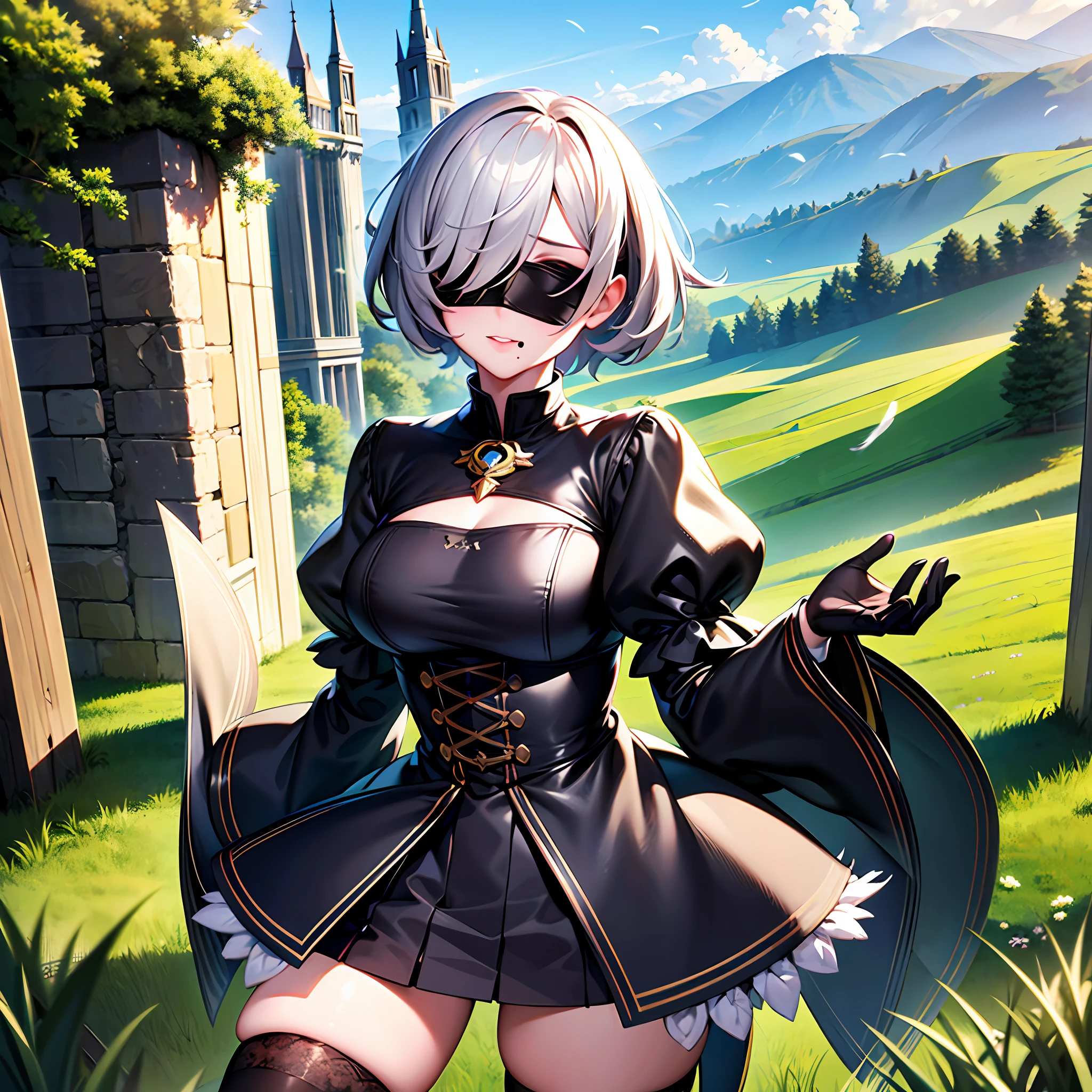 masterpiece, best quality, highres, hm2b, black blindfold, covered eyes, mole under mouth, clothing cutout, long sleeves, puffy sleeves, juliet sleeves, feather trim, black thighhighs, black gloves, black dress, black skirt, outdoor, grass, building, ruins, field, standing, cowboy shot,