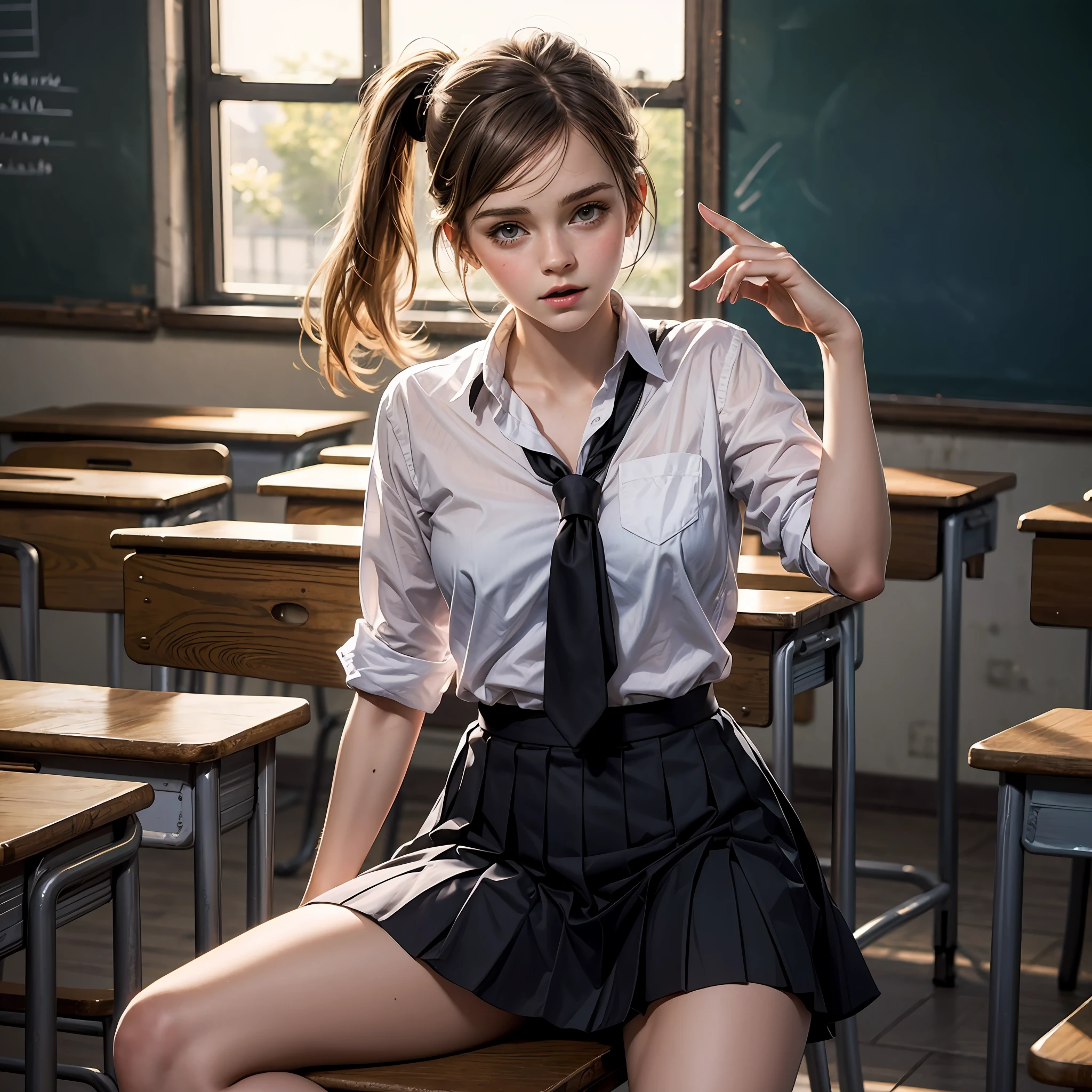 teen emma watson as a sexy schoolgirl sitting on a fence. tight intricate school uniform. slender body. classroom. day. background blackboard. pleated skirt.