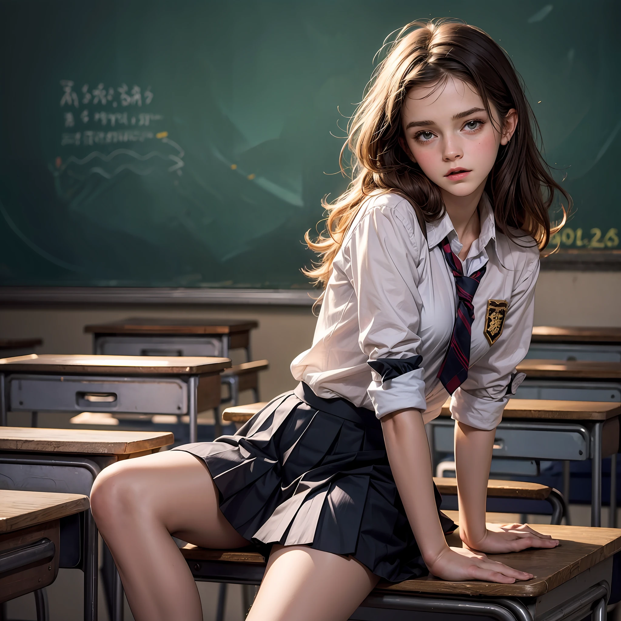 emma watson as a sexy schoolgirl sitting on a fence. tight intricate school uniform. slender body. classroom. day. background blackboard. pleated skirt.