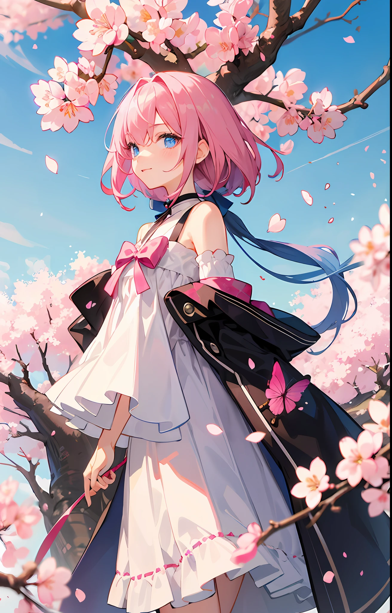 Pretty Woman,springtime,(cherry blossom in full bloom),Cute woman hair color is pink,The clothes are white dresses,Shoulders are sticking out,Odd-eye with pink and blue eyes,high-level image quality,Shinkai Makotokaze,The background is the sky,​​clouds
