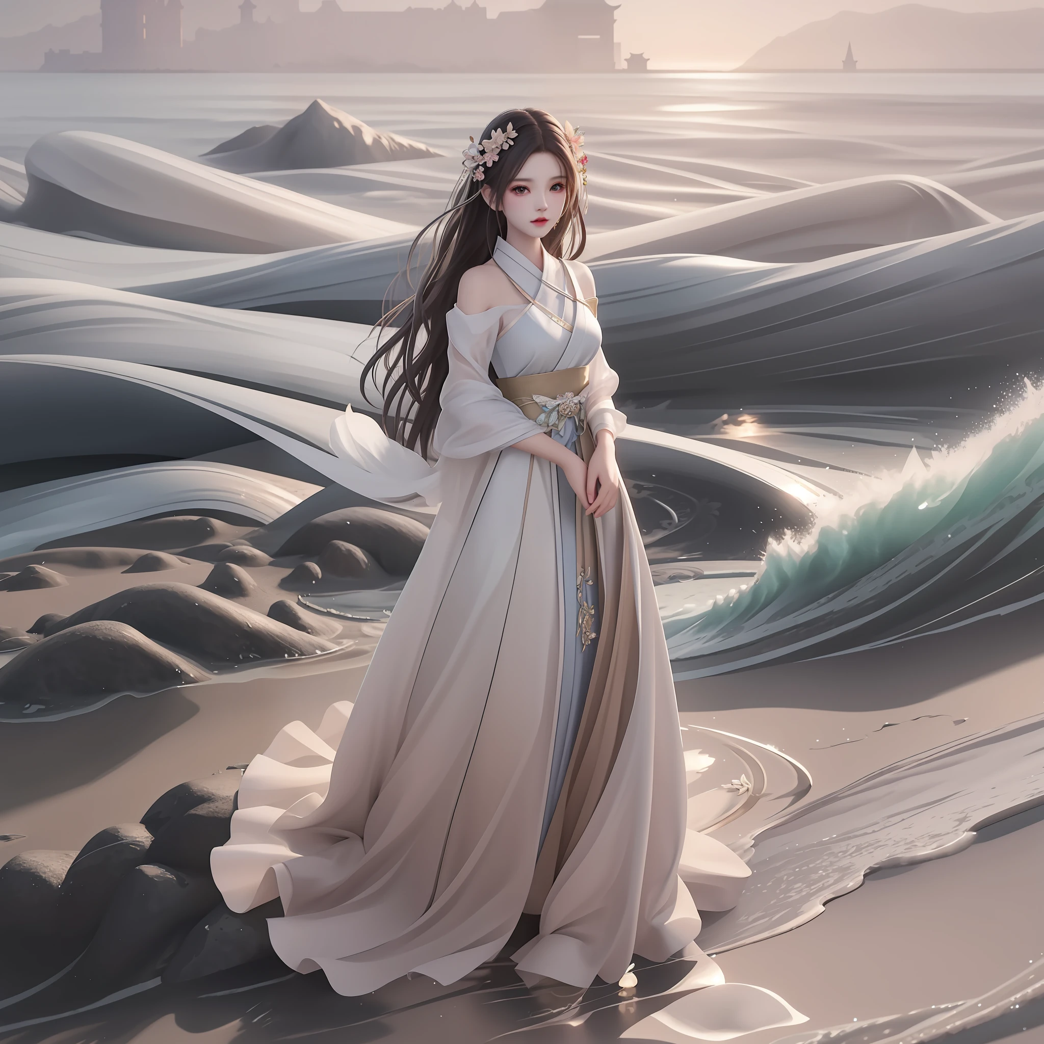 Clear and delicate digital illustration girl，Beautiful fantasy art scene on the beach shore，A fusion of fantasy art style dresses and hanfu，Soft light and dreamy colors，[palace:1.2+Guvez style:1.2+digital fantasy art:1.1+Fantasyart:1.1]，beautiful fantasy maiden，She stood alone on the beach。