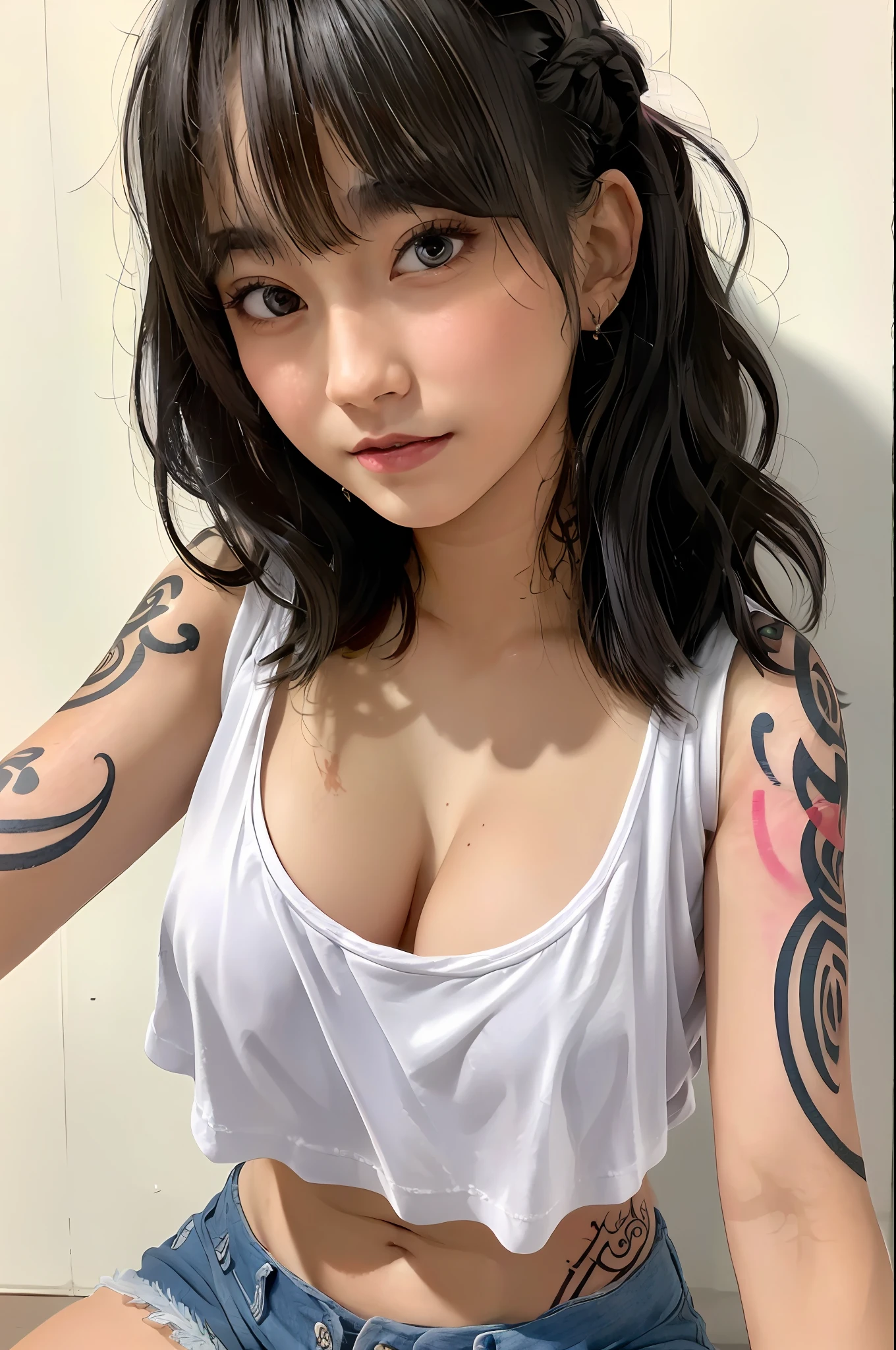 ((Best quality)), ((masterpiece)), ((highly intricate details)), 1girl, (detailed eyes),seductive expression, sportwear, tanktop, women shorts, (tattoos:1.4), strong eyeliner, heavy make-up, (long_hime_cut_hairstyle:1.3),multicolored hair, cameltoe,(tone abs:0.8